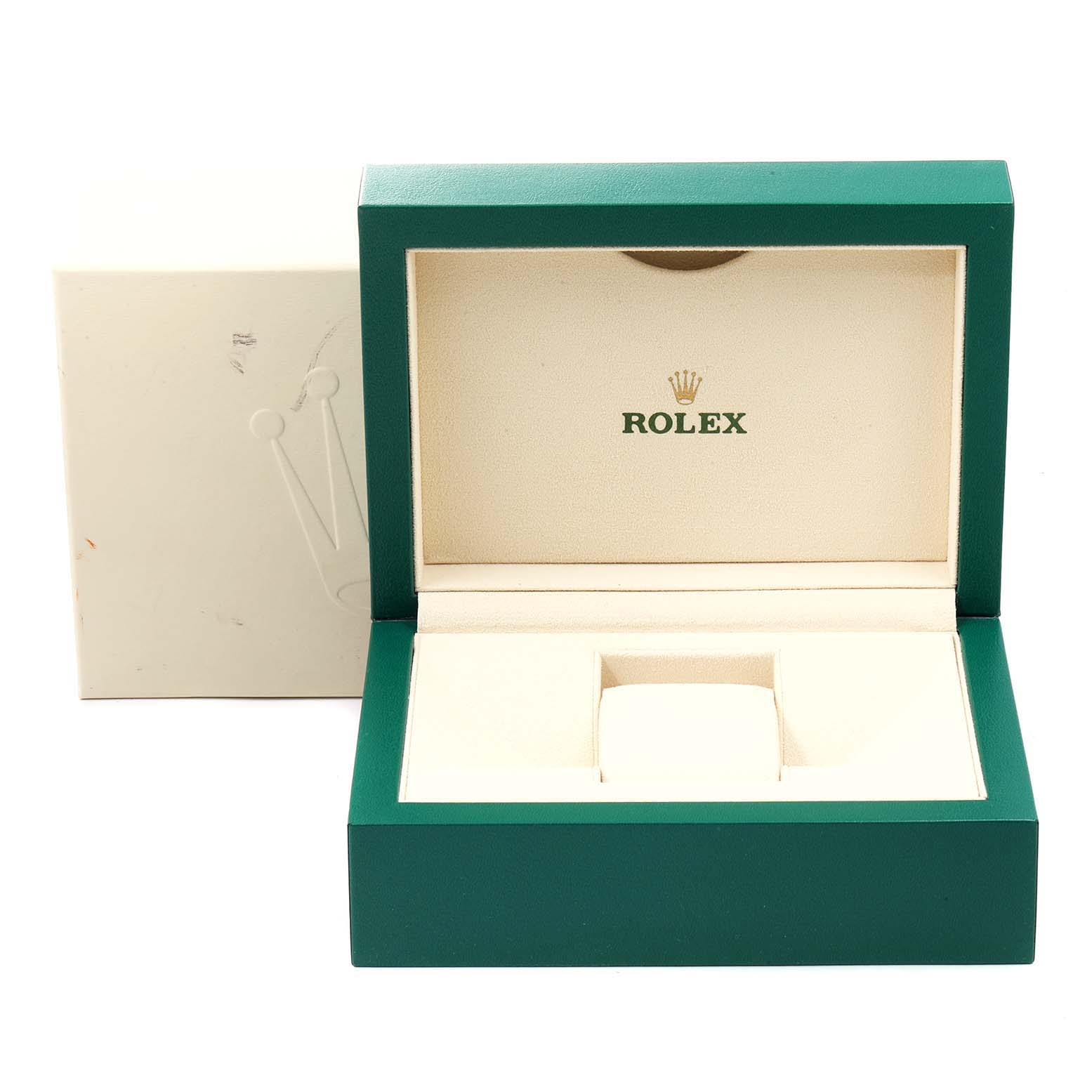 The image shows an open green Rolex watch box with the cushion for a Rolex Explorer 216570 Men
s Stainless Steel Black Dial 216570 Men
s Stainless Steel Black Dial model.