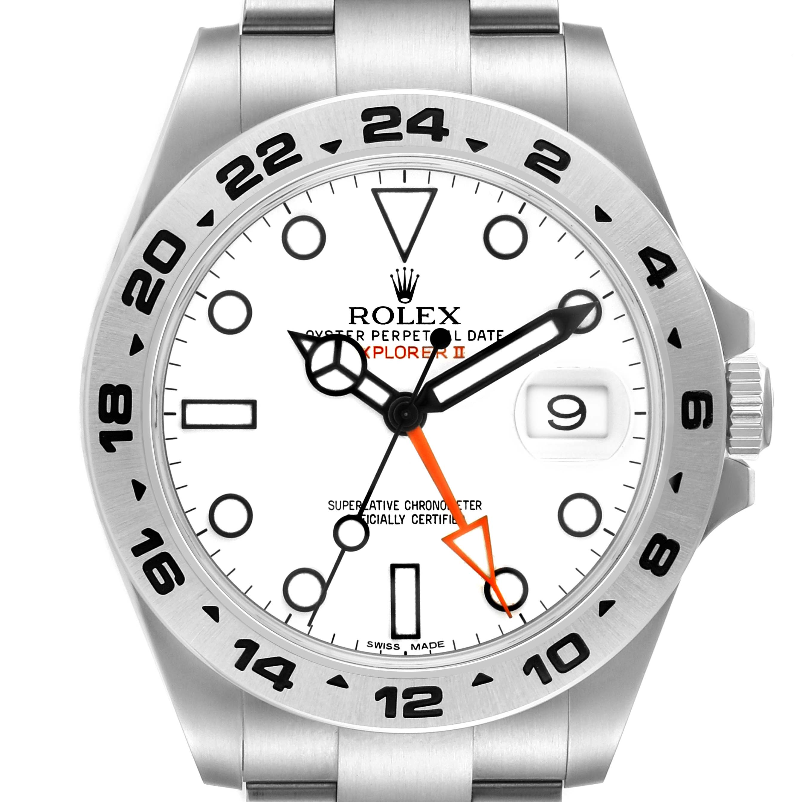 The Rolex Explorer 216570 Men's Stainless Steel White Dial II watch is shown from a frontal view, displaying the dial, bezel, crown, and part of the bracelet.