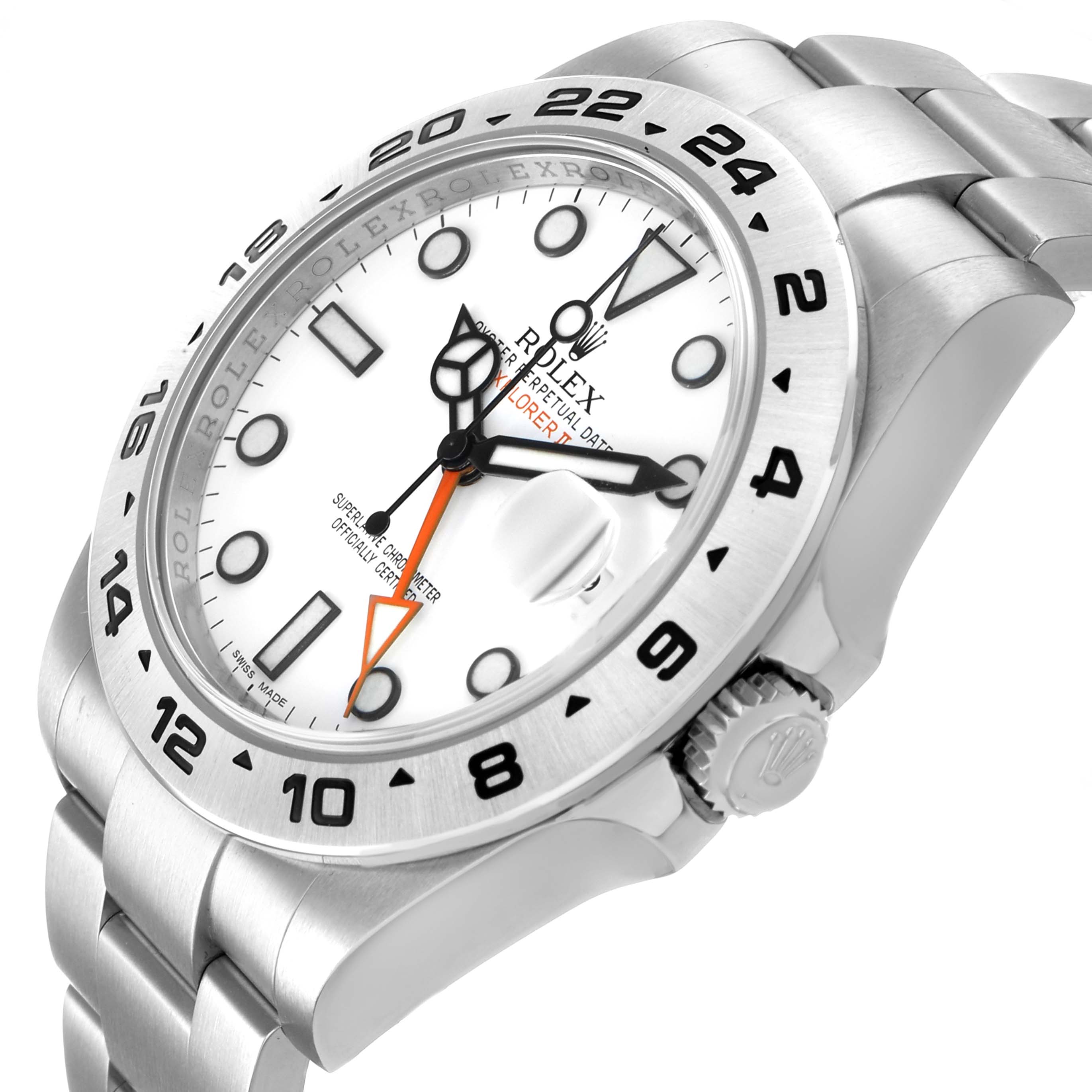 The image shows a side angle of the Rolex Explorer 216570 Men's Stainless Steel White Dial watch, highlighting its bezel, face, and bracelet.