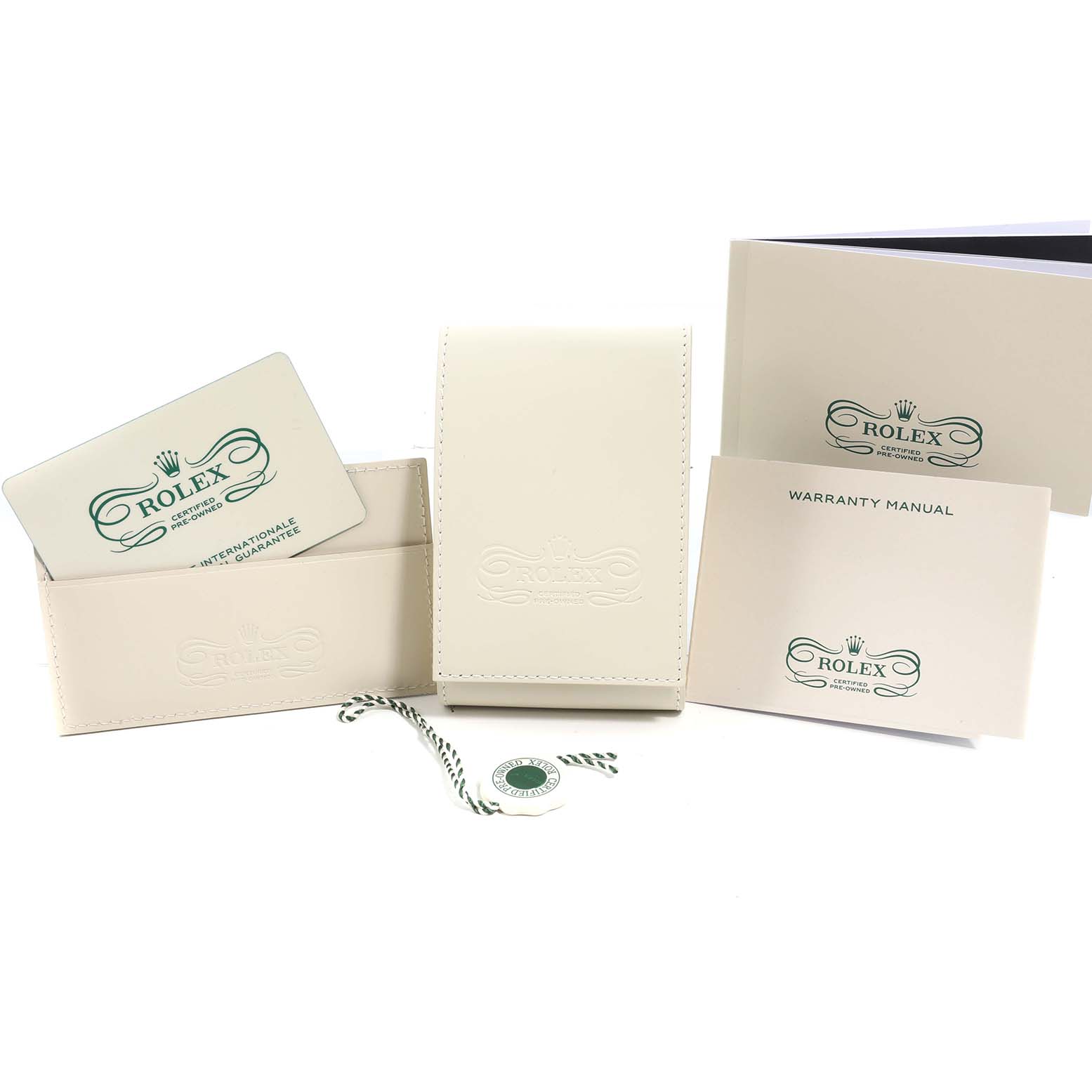 The image shows accessories for the Rolex Explorer 216570 Men's Stainless Steel White Dial, including a warranty manual, cardholder, tag, and a card.