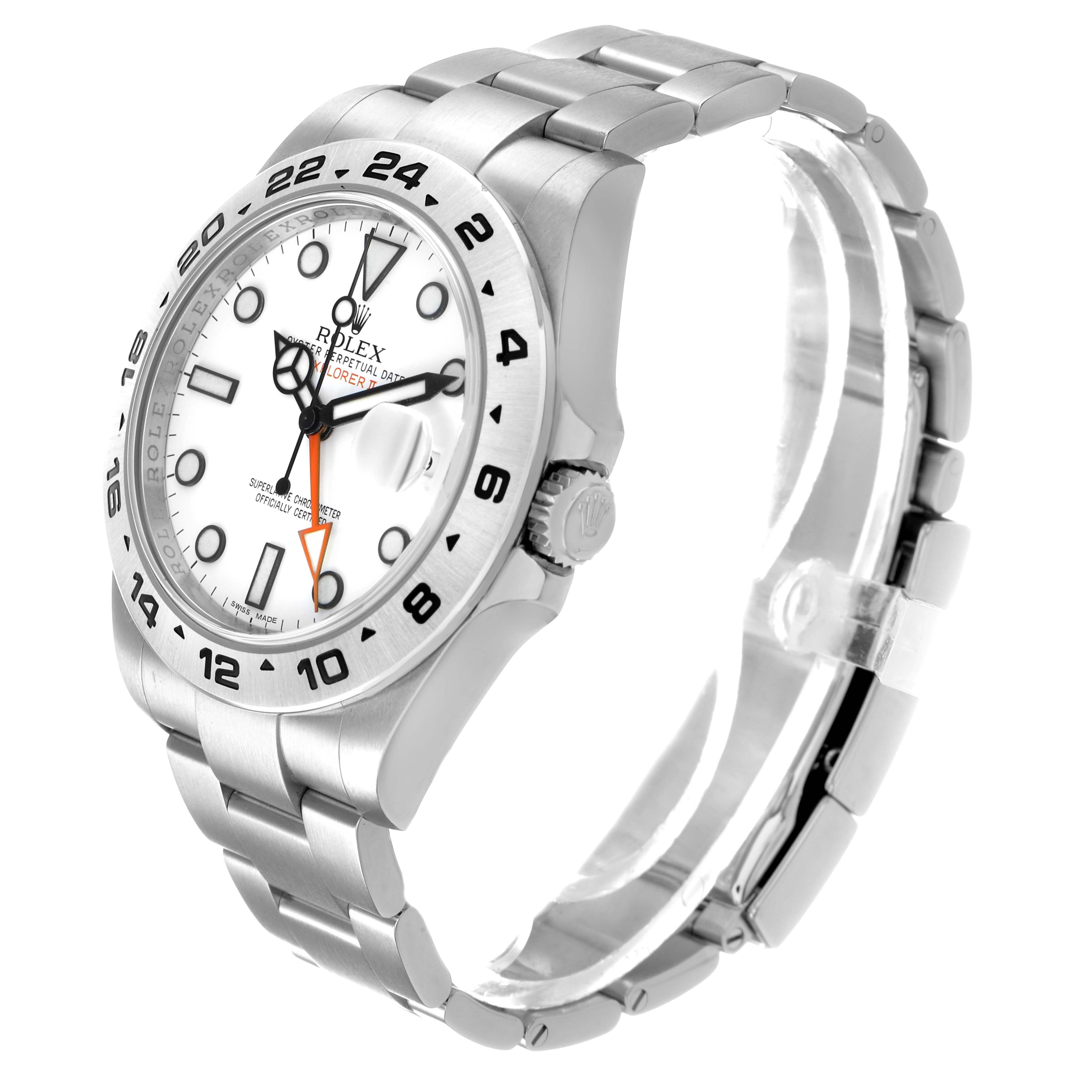 The Rolex Explorer 216570 Men's Stainless Steel White Dial model is shown at a slight angle, highlighting the face, bezel, bracelet, and crown.
