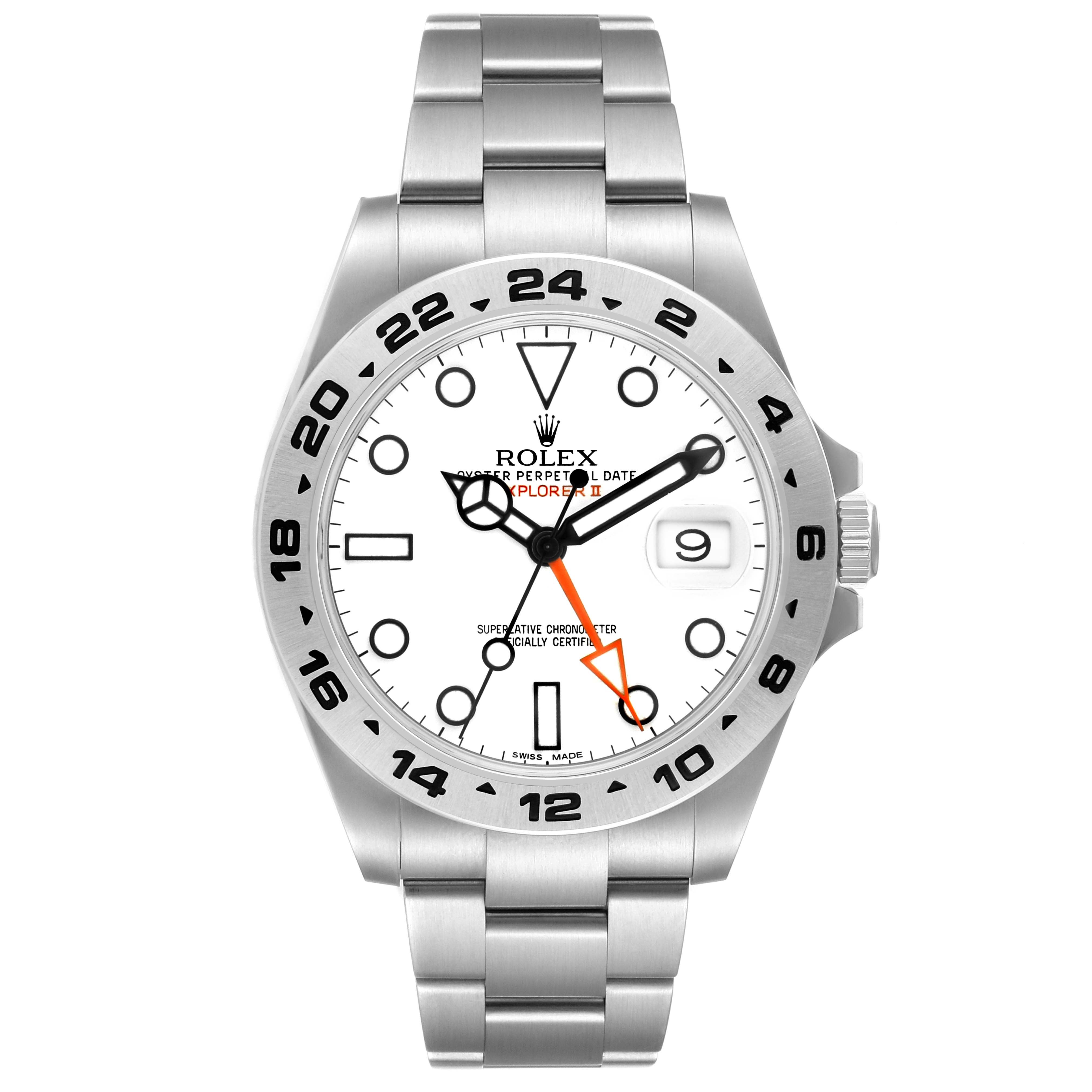 The Rolex Explorer 216570 Men's Stainless Steel White Dial II watch is shown from the front, highlighting the dial, bracelet, hands, and bezel.