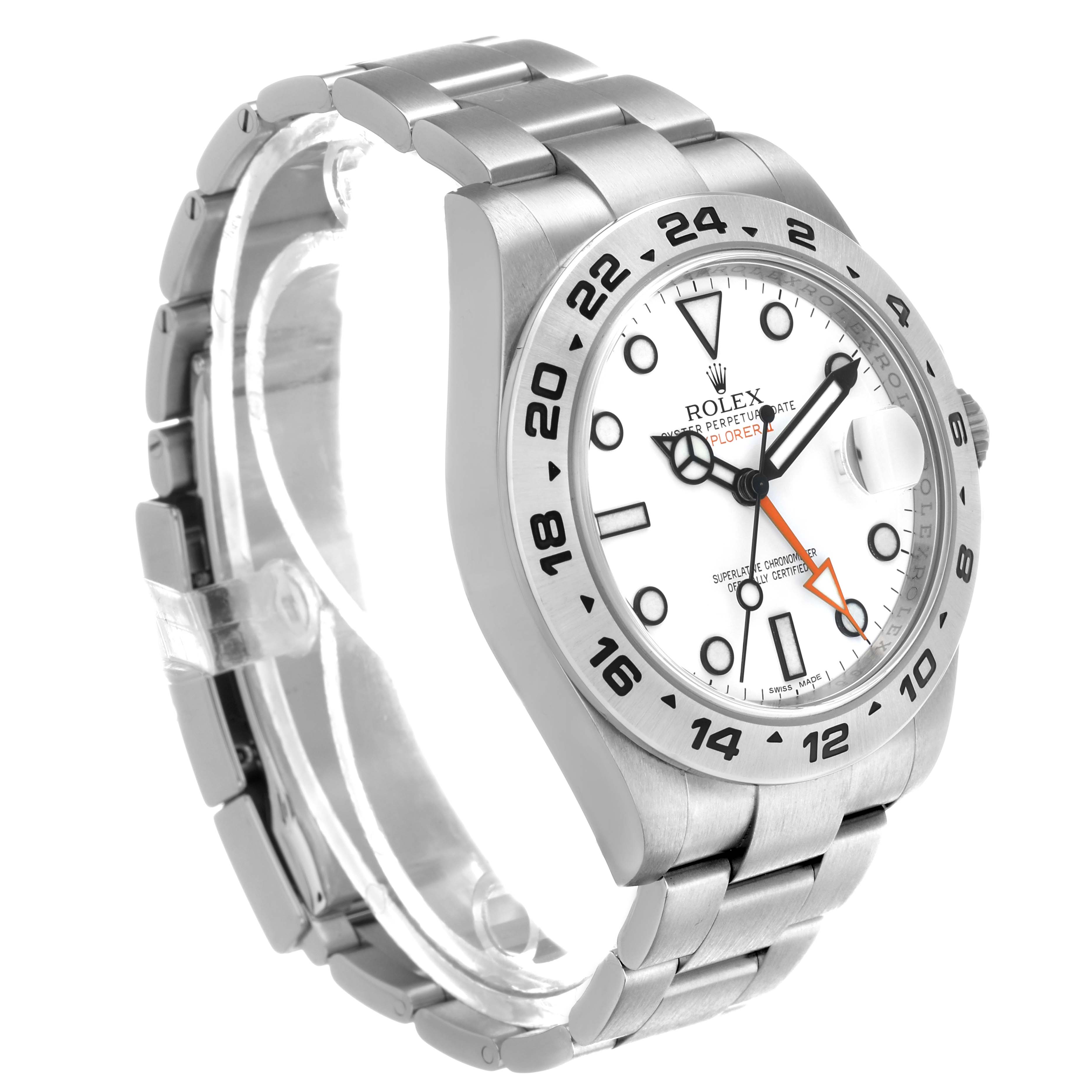 The Rolex Explorer 216570 Men's Stainless Steel White Dial model is shown at a three-quarter angle, highlighting the dial, bezel, and bracelet.