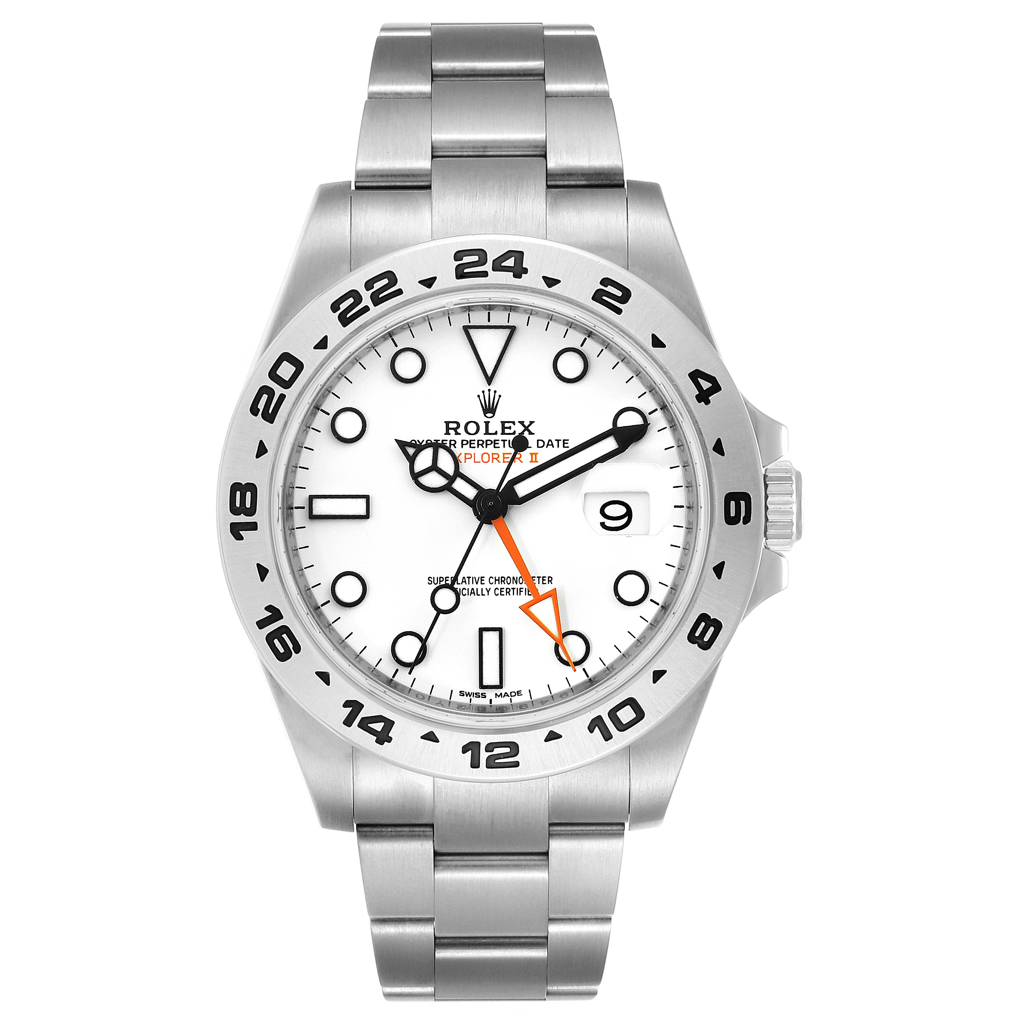 The Rolex Explorer 216570 Men
s Stainless Steel White Dial 216570 Men
s Stainless Steel White Dial is shown from the front, detailing its face, bezel, case, and a portion of its bracelet.