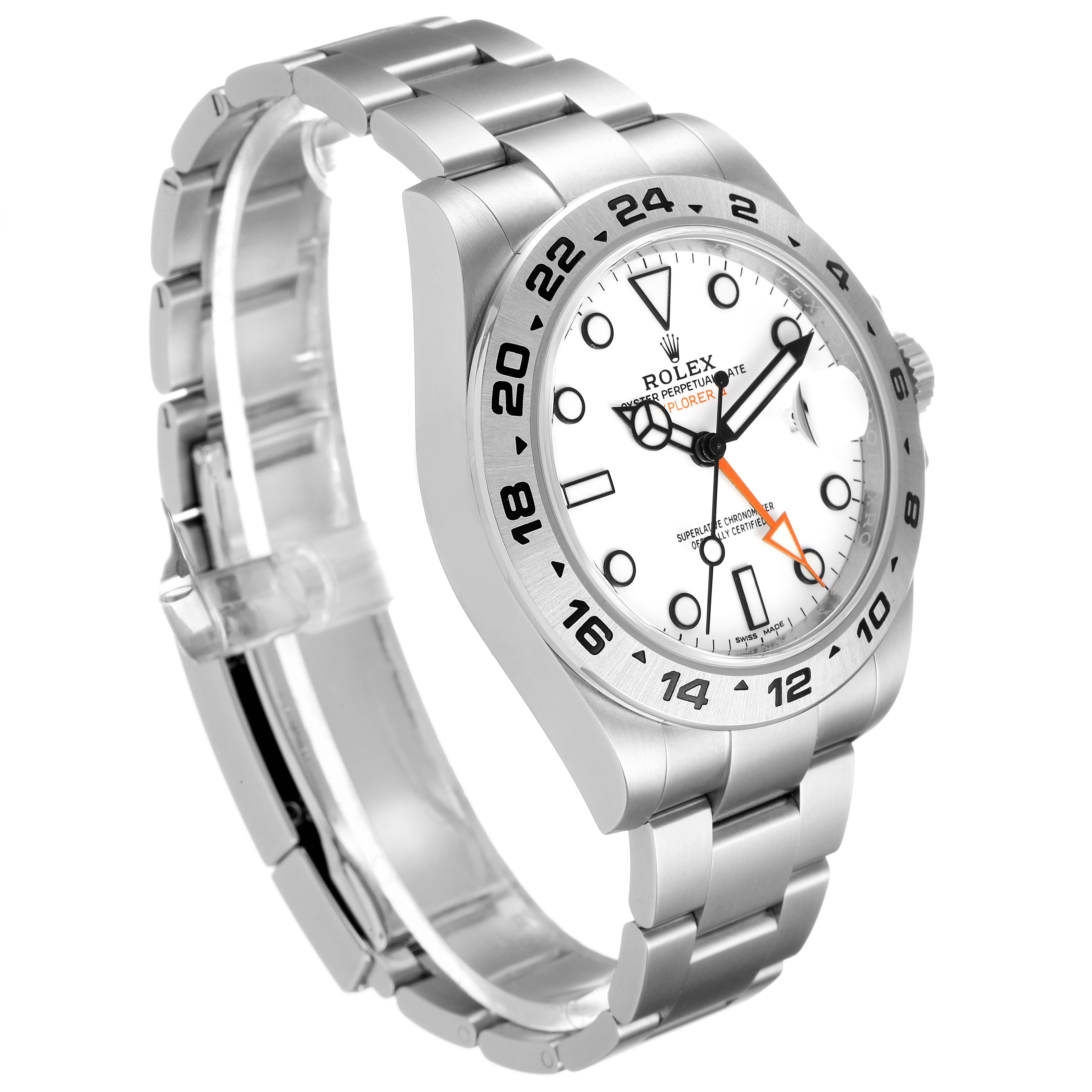 The Rolex Explorer 216570 Men
s Stainless Steel White Dial 216570 Men
s Stainless Steel White Dial watch is shown at a three-quarter angle, highlighting its face, bezel, and stainless steel bracelet.