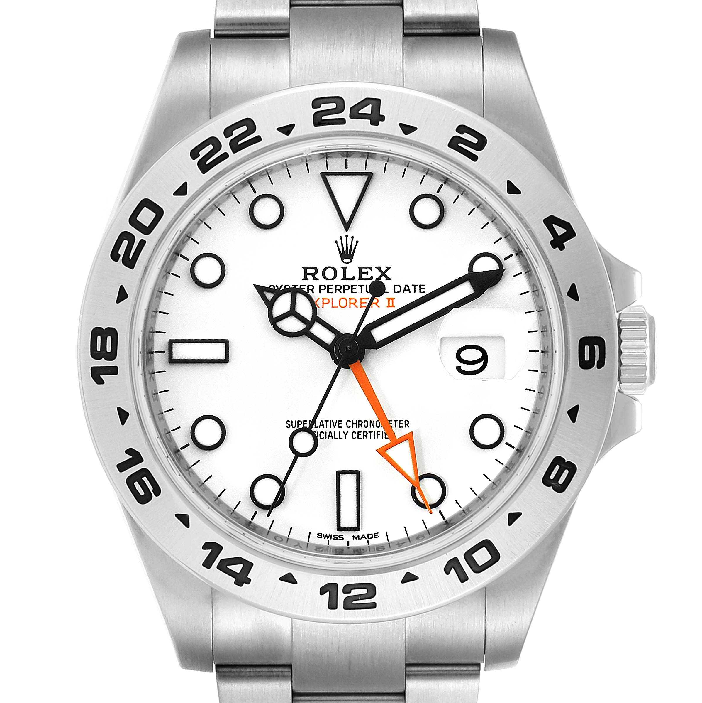 The image shows a front view of the Rolex Explorer 216570 Men
s Stainless Steel White Dial 216570 Men
s Stainless Steel White Dial watch, highlighting its dial, bezel, and bracelet.