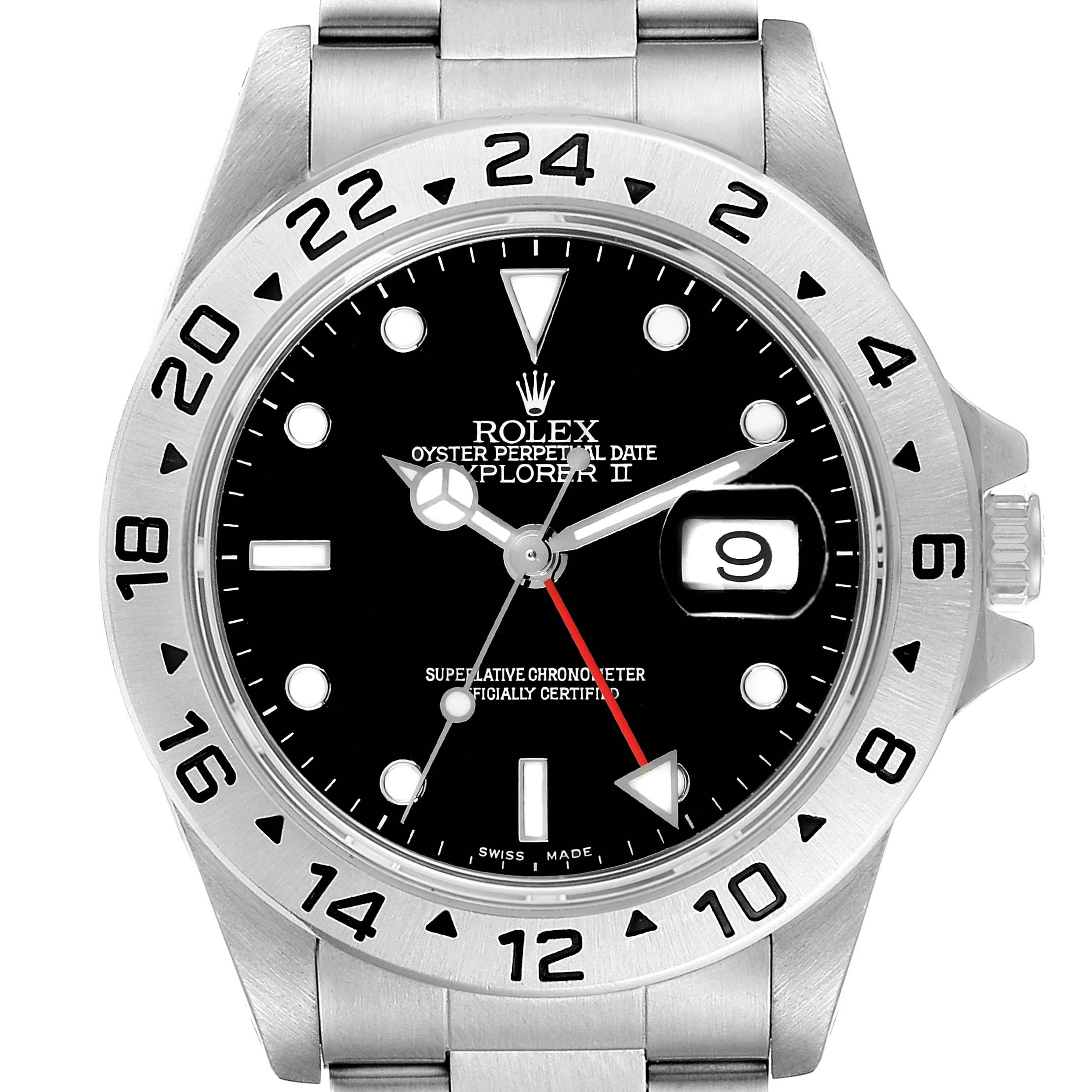 The image shows a front angle of a Rolex Explorer 16570 Men
s Stainless Steel Black Dial 16570 Men
s Stainless Steel Black Dial watch, including its dial, bezel, and bracelet.