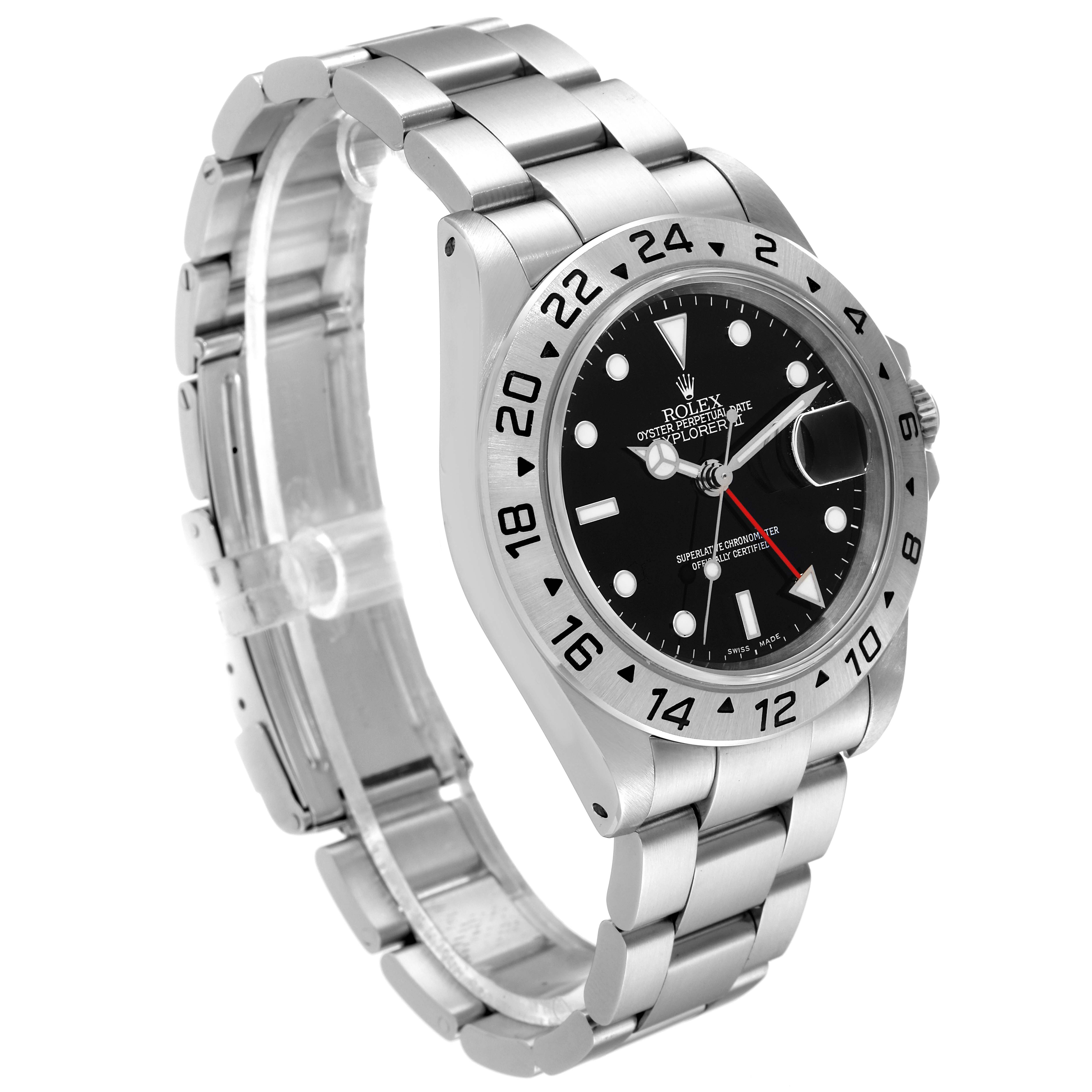 The image shows a Rolex Explorer 16570 Men
s Stainless Steel Black Dial 16570 Men
s Stainless Steel Black Dial watch from a three-quarter angle, highlighting its bracelet, bezel, and dial.