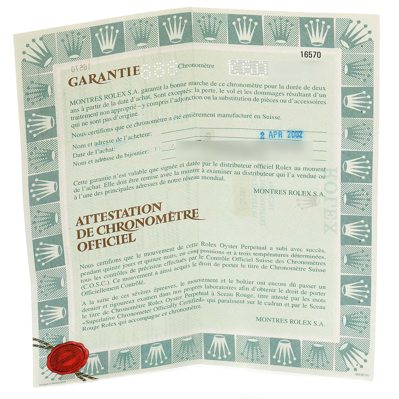 The image shows the official chronometer certificate and warranty for a Rolex Explorer 16570 Men
s Stainless Steel Black Dial 16570 Men
s Stainless Steel Black Dial model.