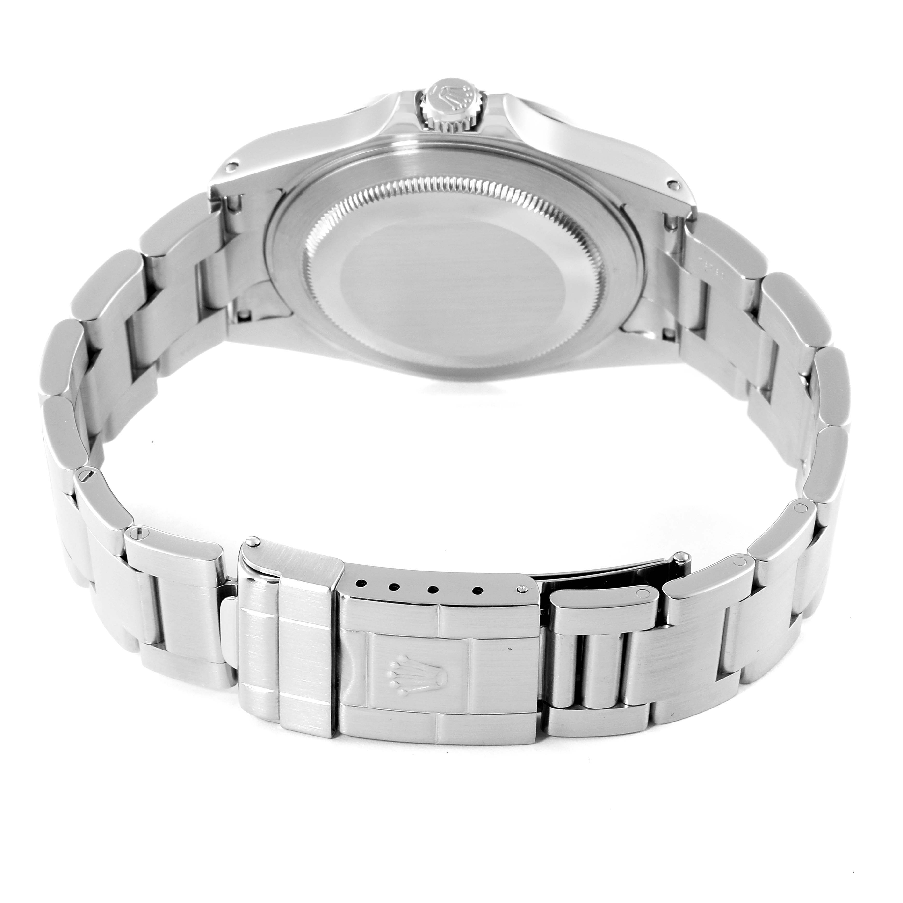 This image shows the back view of the Rolex Explorer 16570 Men
s Stainless Steel Black Dial 16570 Men
s Stainless Steel Black Dial watch, highlighting the case back and stainless steel bracelet with the clasp.