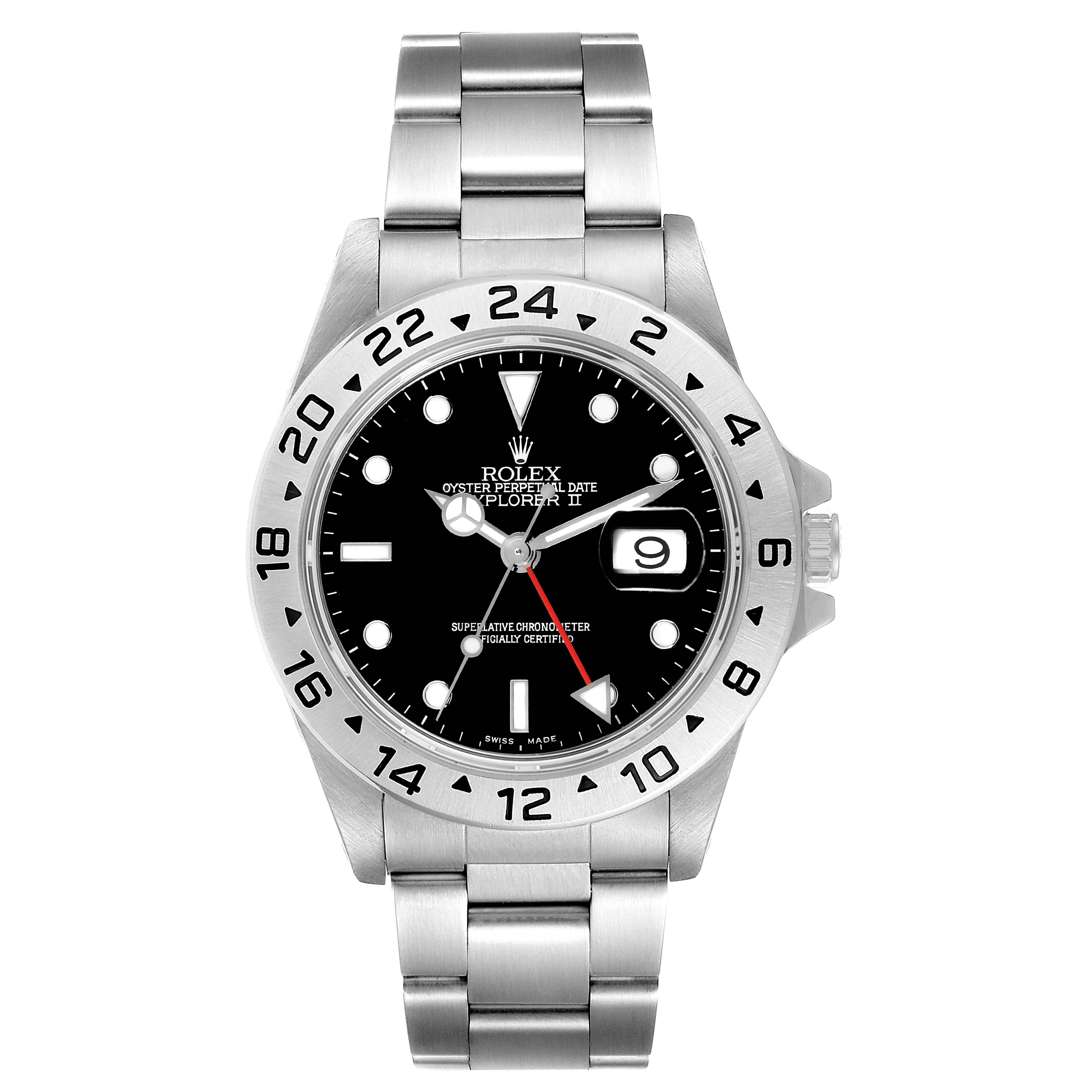 This image shows a frontal view of a Rolex Explorer 16570 Men
s Stainless Steel Black Dial 16570 Men
s Stainless Steel Black Dial watch highlighting its dial, bezel, and bracelet.