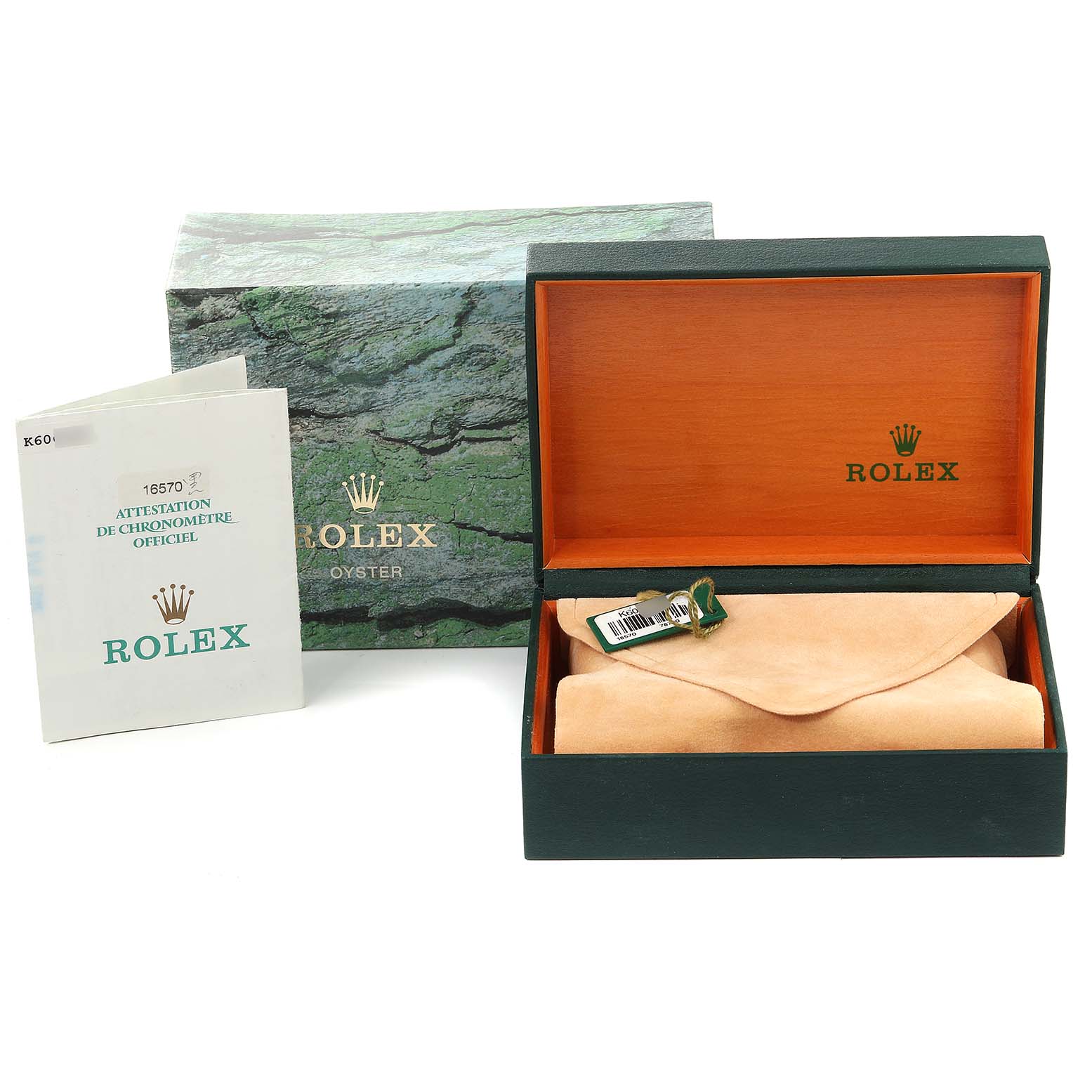 The image shows the packaging for a Rolex Explorer 16570 Men
s Stainless Steel Black Dial 16570 Men
s Stainless Steel Black Dial watch, including the box, cushion, and booklet.