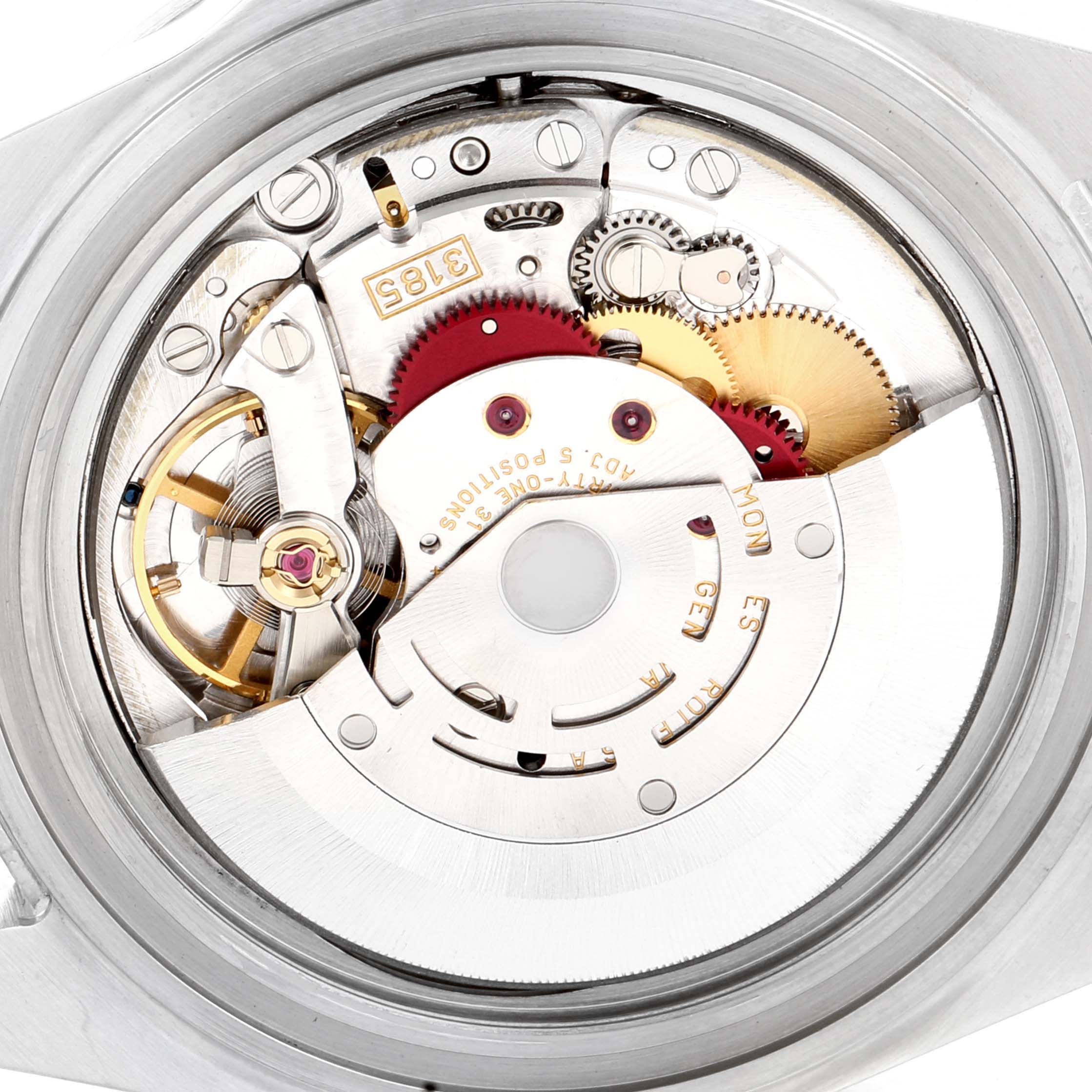 This image shows a close-up view of the Rolex Explorer 16570 Men
s Stainless Steel Black Dial 16570 Men
s Stainless Steel Black Dial
s internal mechanism and movement parts.