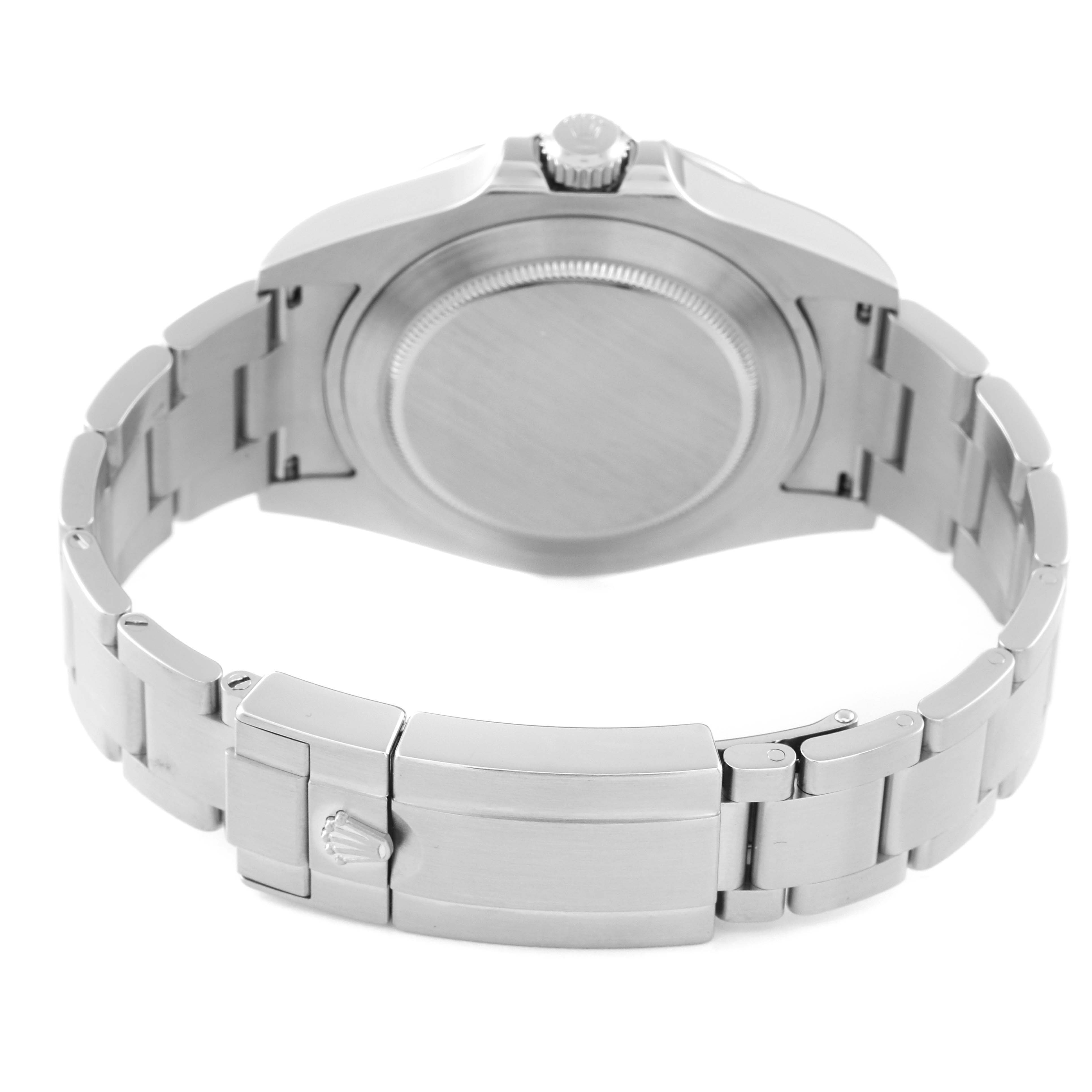 The image shows the back of a Rolex Explorer 216570 Men's Stainless Steel Black Dial 216570 Men's Stainless Steel Black Dial model watch, highlighting the case back and metal bracelet with clasp.