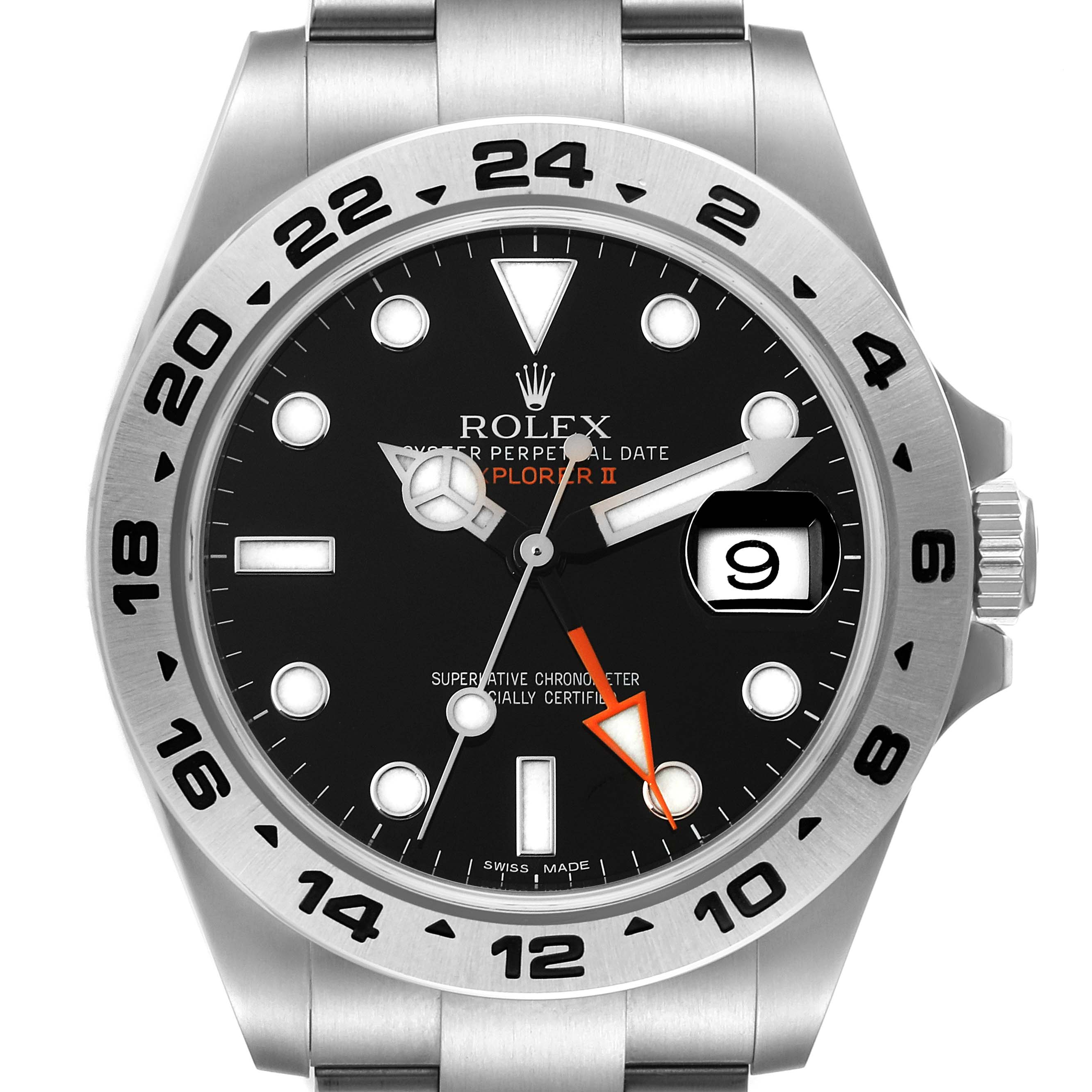 This image shows a front view of the dial, bezel, and a part of the bracelet of the Rolex Explorer 216570 Men's Stainless Steel Black Dial 216570 Men's Stainless Steel Black Dial watch.