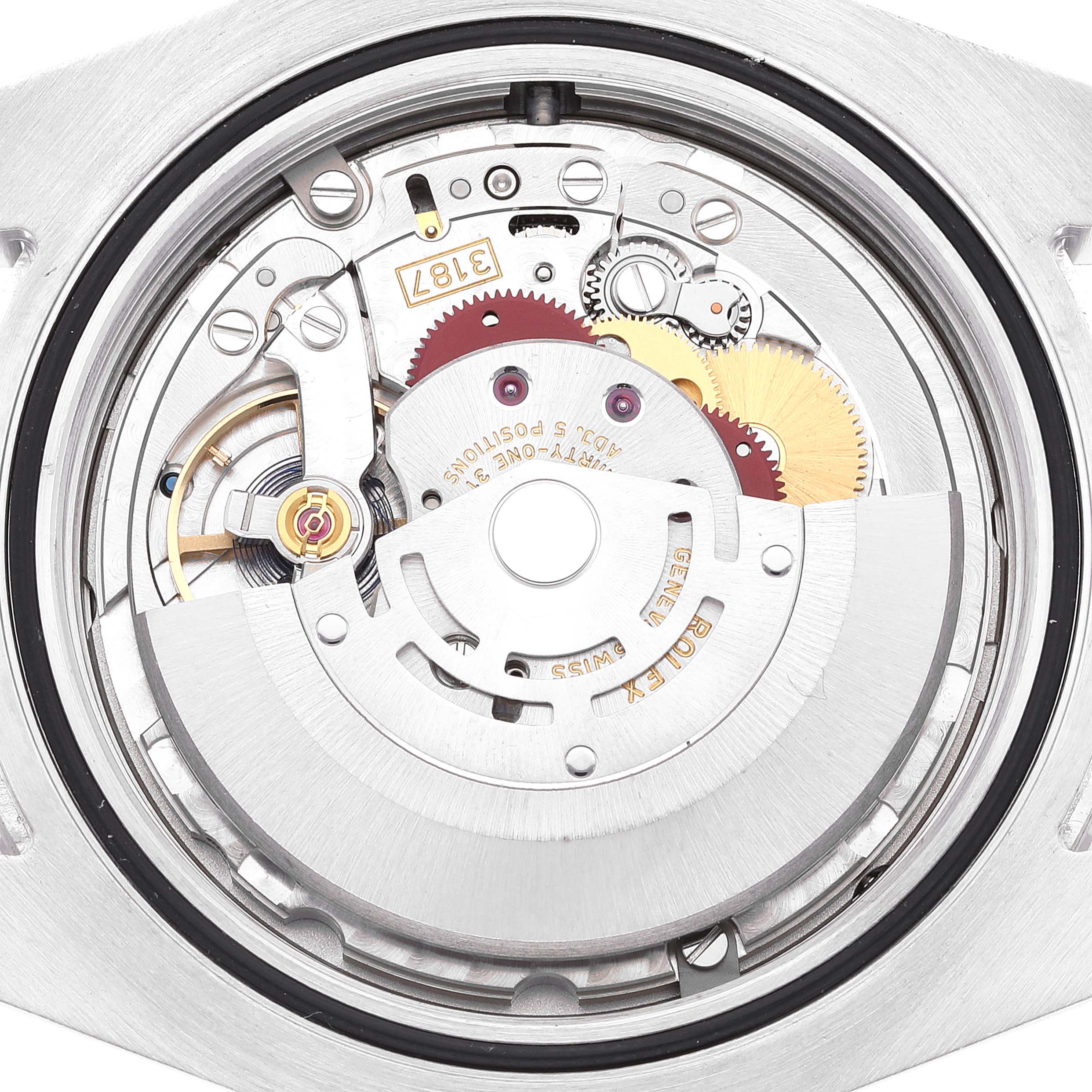 The image shows the intricate movement and internal mechanisms of the Rolex Explorer 216570 Men's Stainless Steel Black Dial 216570 Men's Stainless Steel Black Dial watch from a close-up, top-down angle.