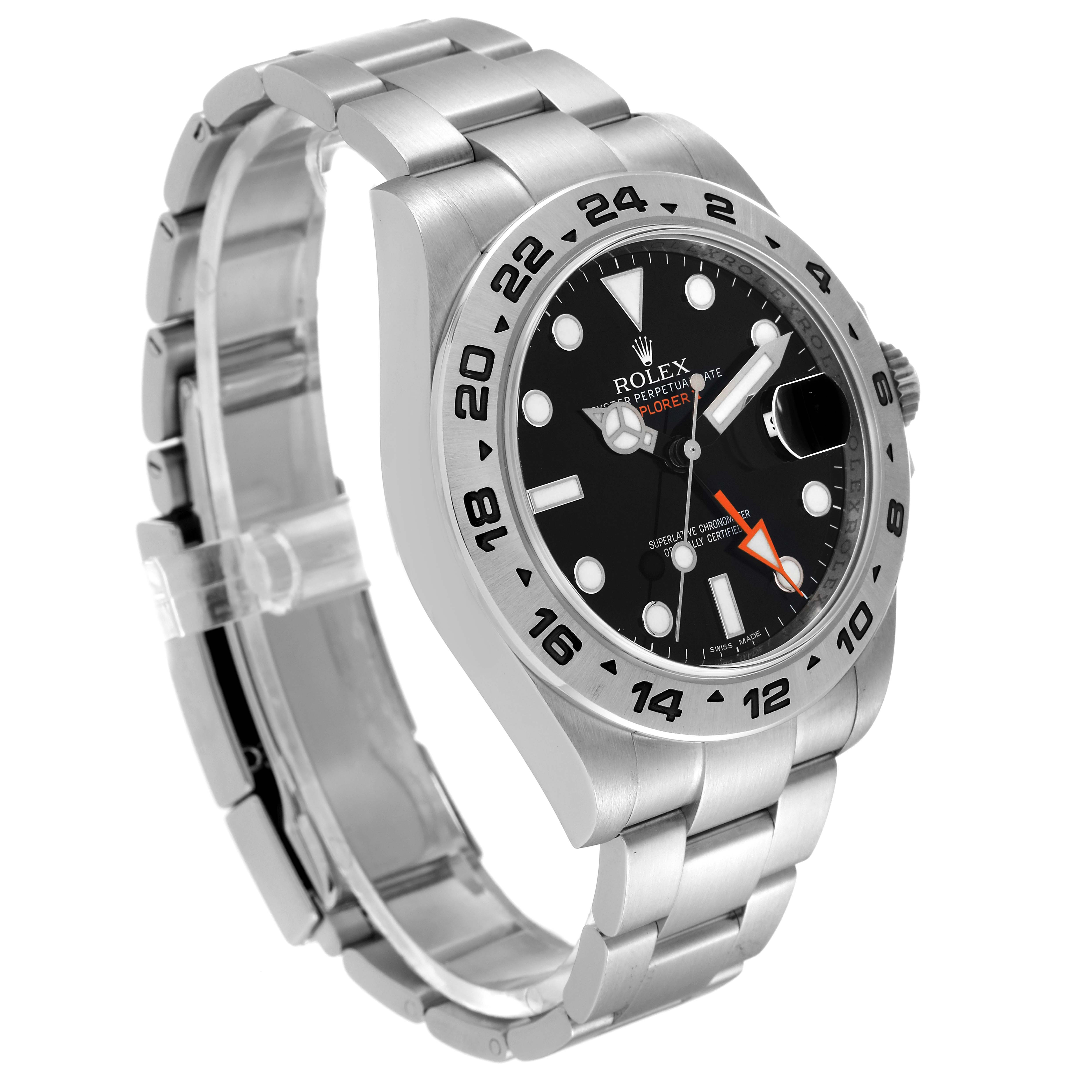 The Rolex Explorer 216570 Men's Stainless Steel Black Dial 216570 Men's Stainless Steel Black Dial watch is shown at a slight angle highlighting the face, bezel, crown, and stainless steel bracelet.