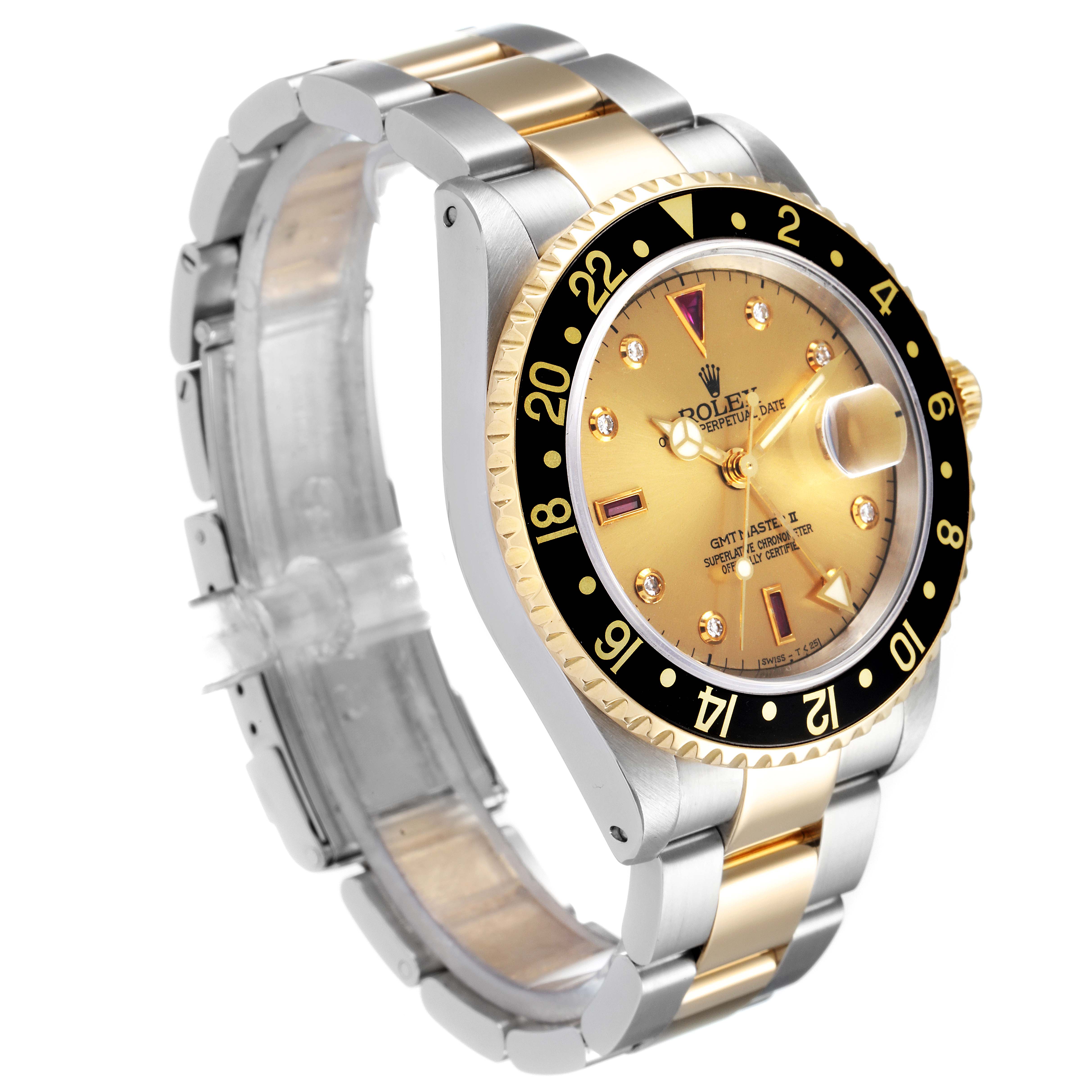 The image shows a Rolex GMT-Master 16713 Men's Steel and Gold (two tone) Champagne Dial 16713 Men's Steel and Gold (two tone) Champagne Dial watch from a side angle, displaying its bezel, dial, and bracelet clearly.