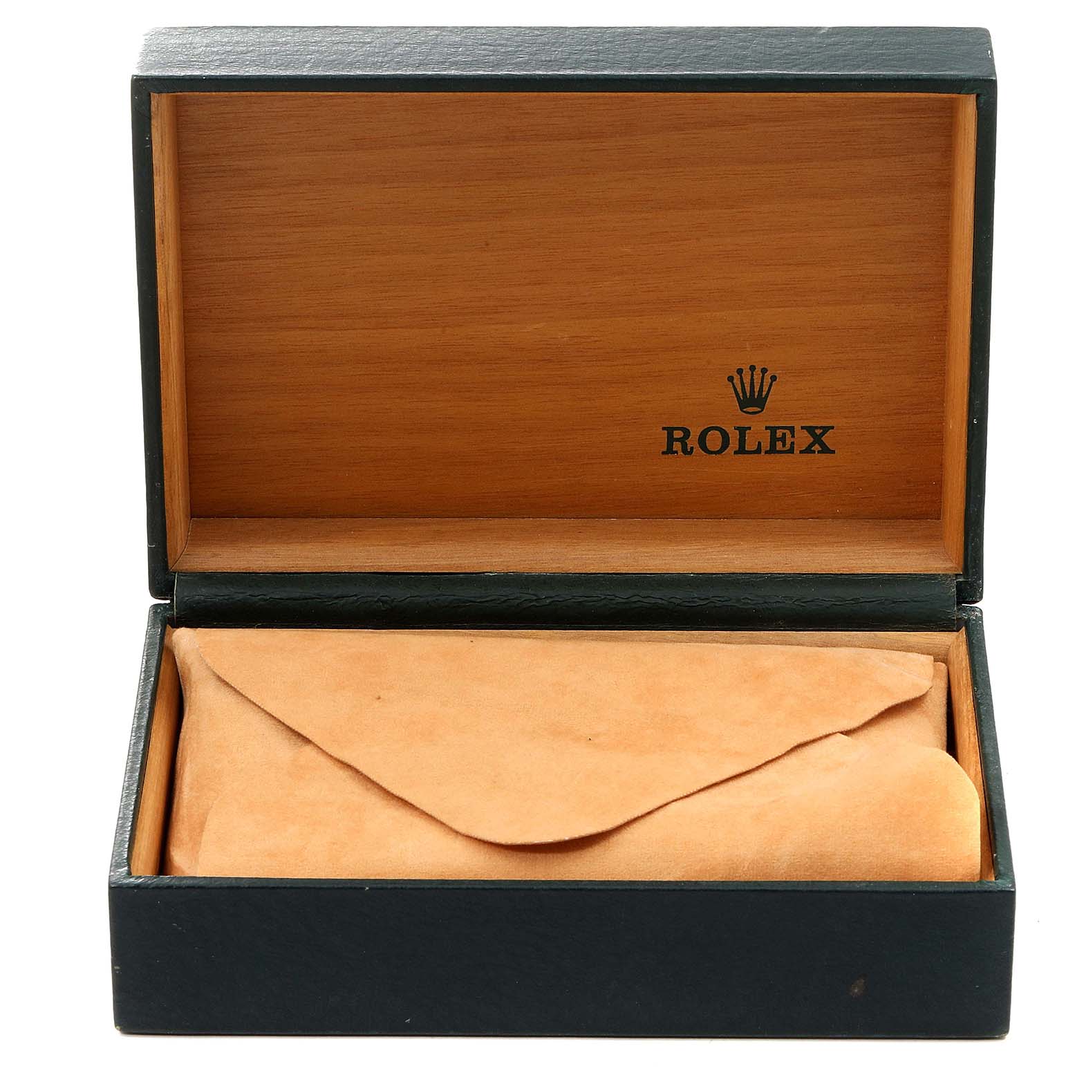 The image shows a Rolex GMT-Master 16713 Men's Steel and Gold (two tone) Champagne Dial 16713 Men's Steel and Gold (two tone) Champagne Dial watch box with the lid open, revealing a leather pouch inside.