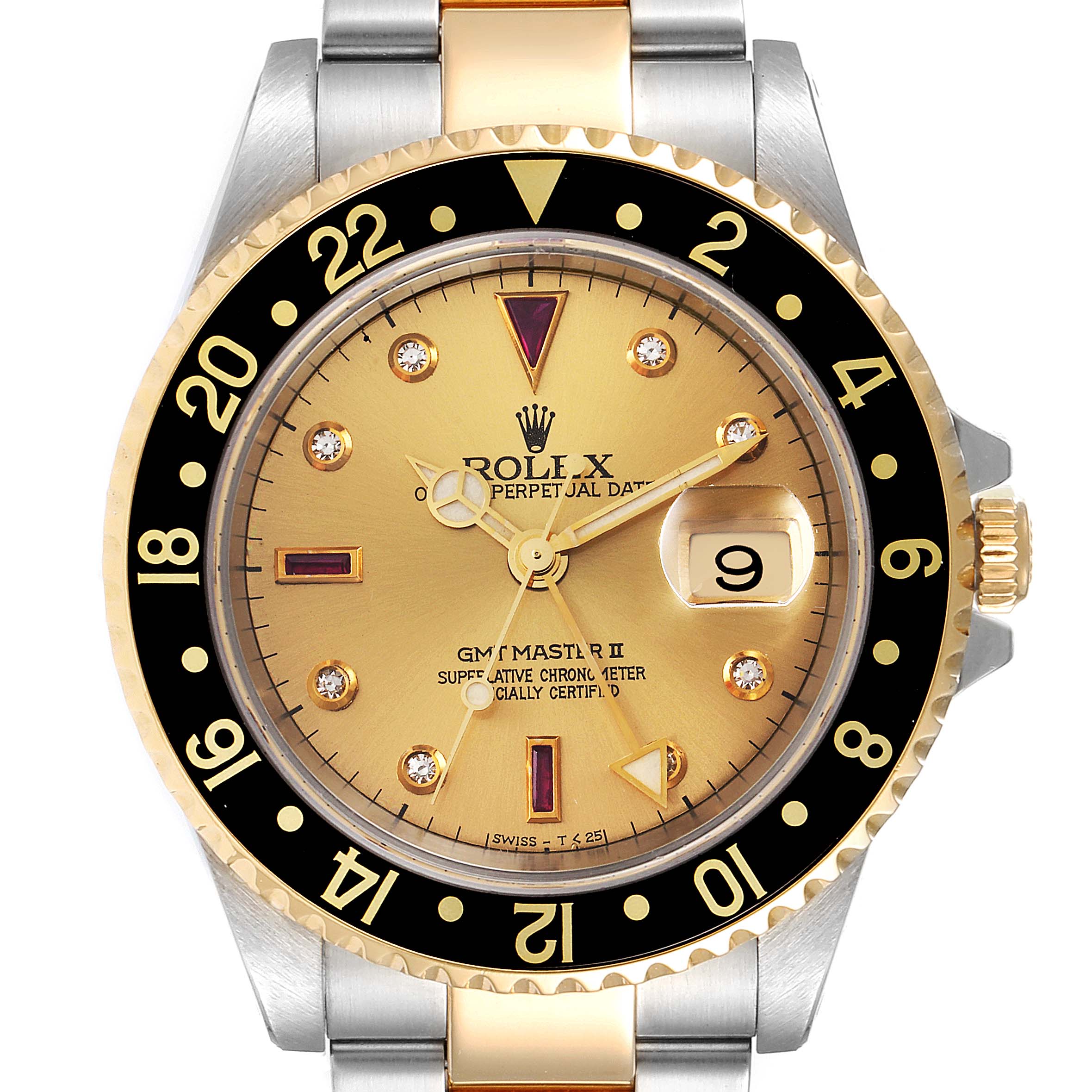 The image shows a close-up of the Rolex GMT-Master 16713 Men's Steel and Gold (two tone) Champagne Dial 16713 Men's Steel and Gold (two tone) Champagne Dial II watch, highlighting the dial, bezel, and part of the bracelet.
