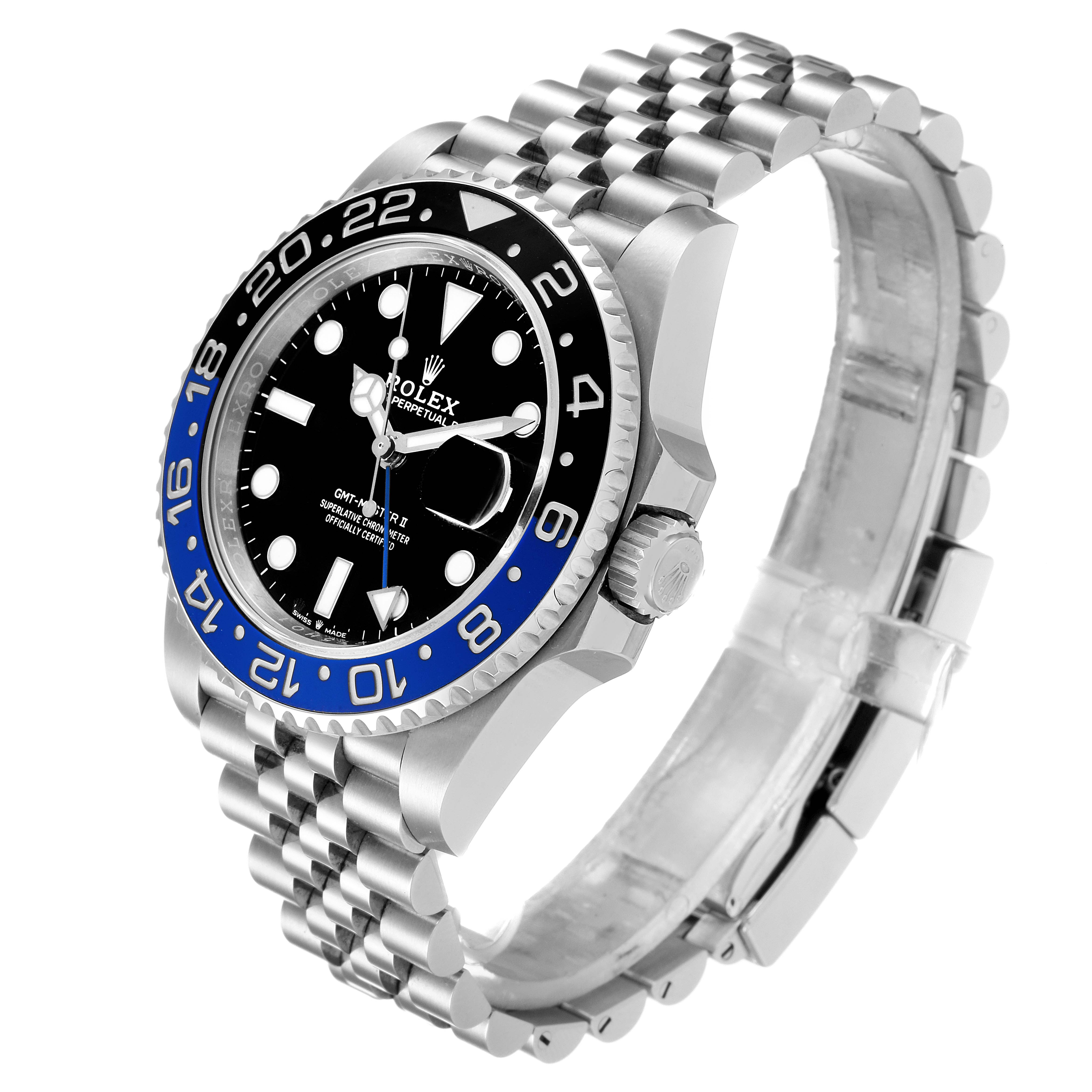 The image shows a Rolex GMT-Master 126710 Men
s Stainless Steel Black Dial 126710 Men
s Stainless Steel Black Dial watch at a side angle, featuring the bezel, dial, crown, and Jubilee bracelet.