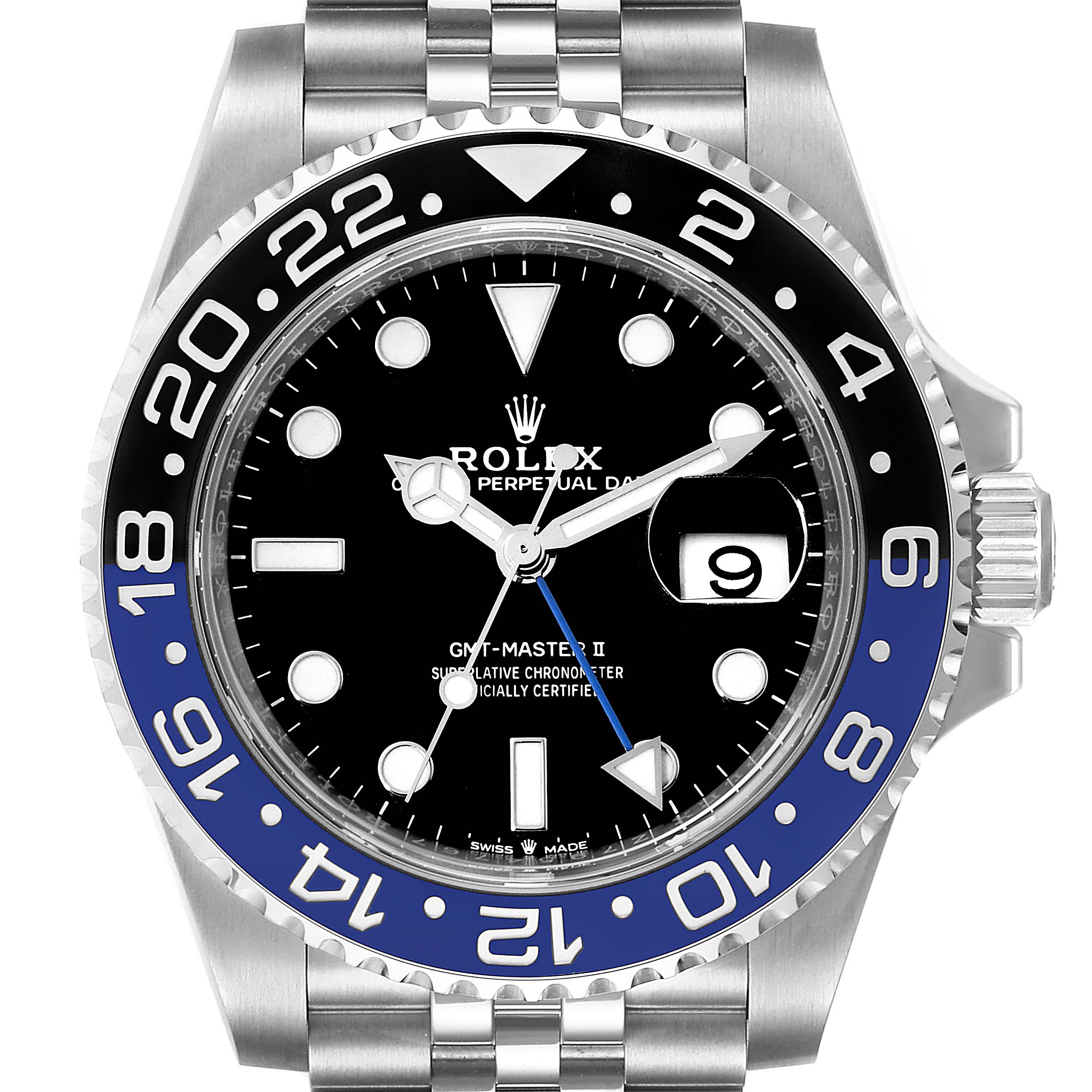The image shows a front view of a Rolex GMT-Master 126710 Men
s Stainless Steel Black Dial 126710 Men
s Stainless Steel Black Dial II watch, highlighting the bezel, dial, hands, and bracelet.