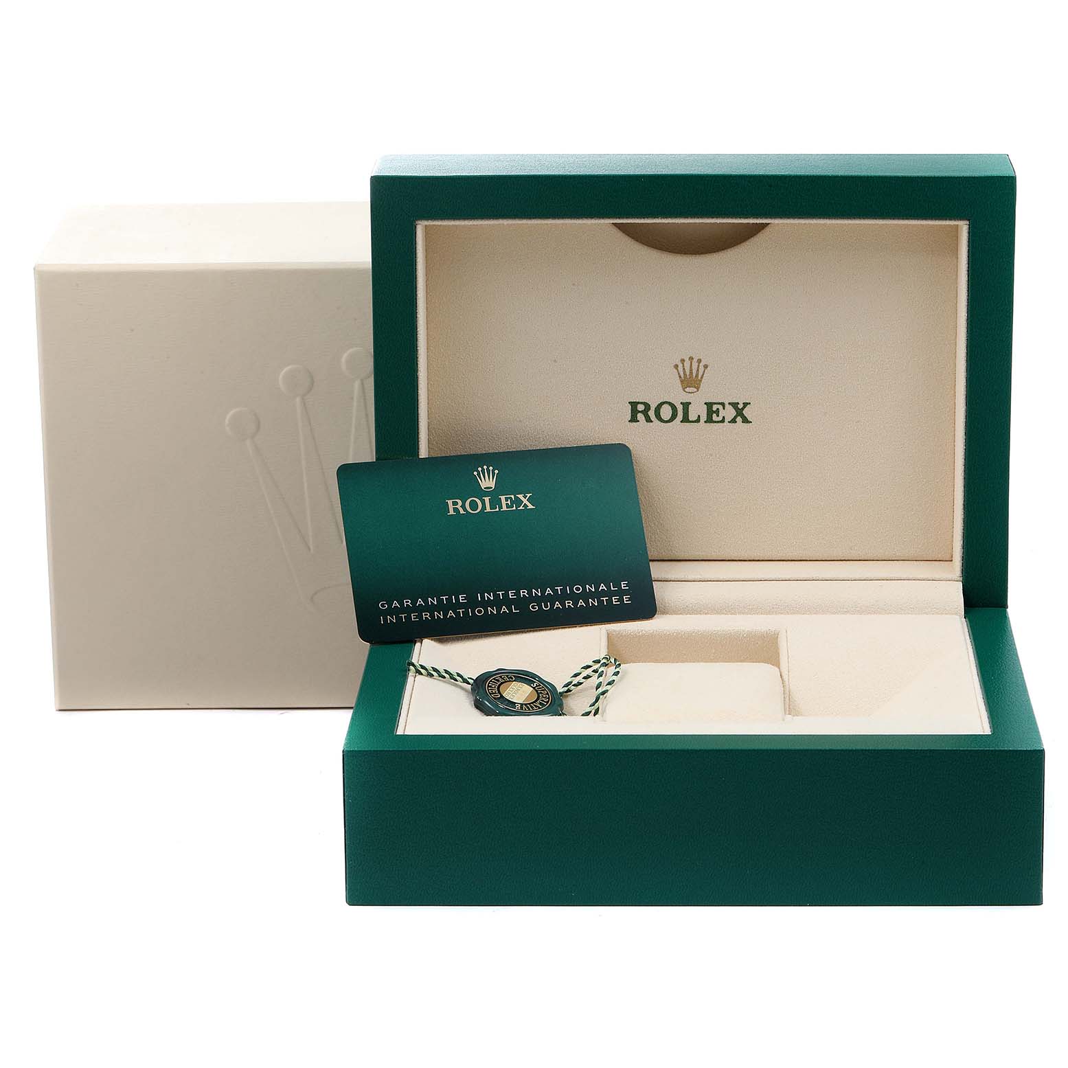 The image shows the packaging for a Rolex GMT-Master 126710 Men
s Stainless Steel Black Dial 126710 Men
s Stainless Steel Black Dial, including the inner box, warranty card, and hang tag from a front angle.