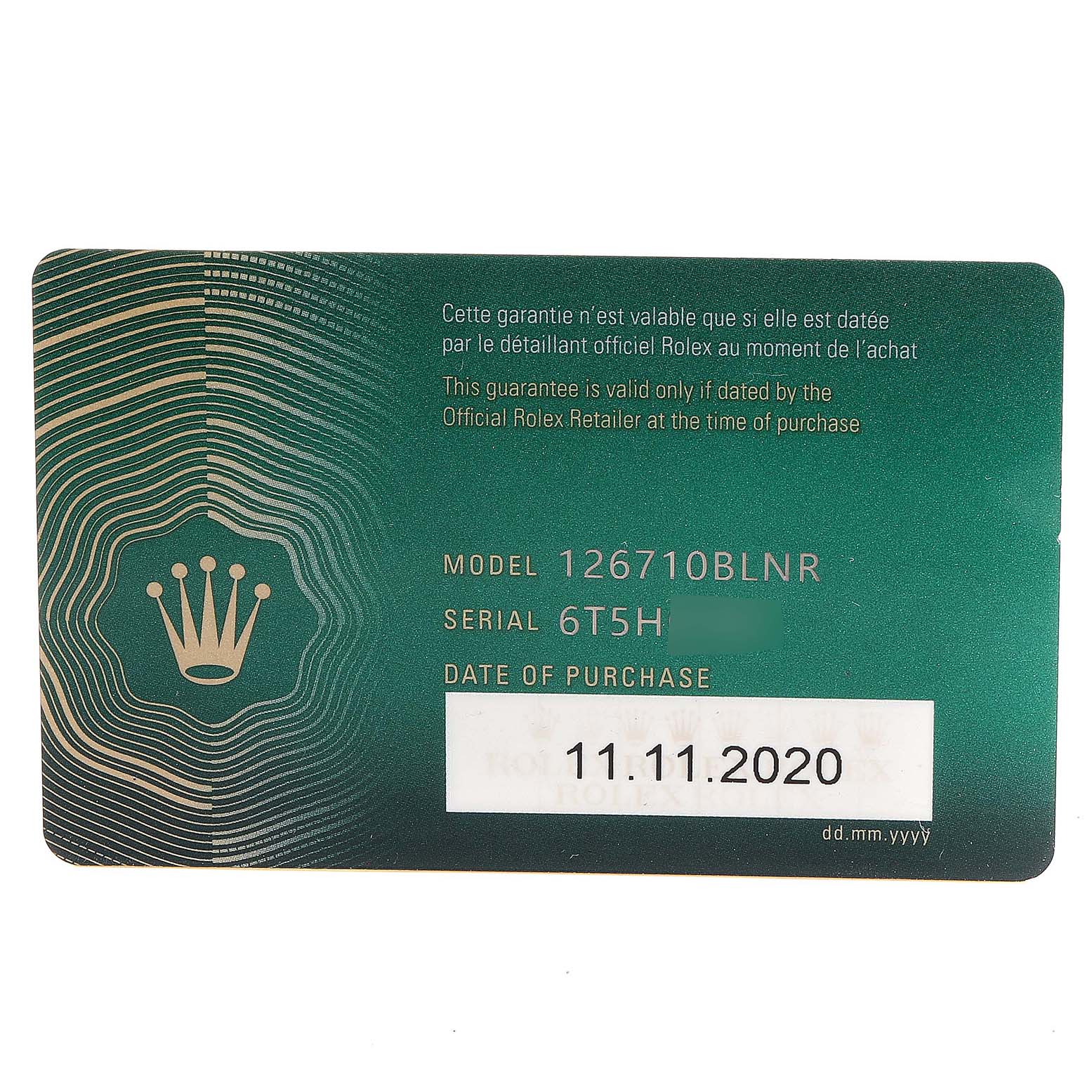This image shows the warranty card for the Rolex GMT-Master 126710 Men
s Stainless Steel Black Dial 126710 Men
s Stainless Steel Black Dial model 126710BLNR, including serial number and date of purchase.