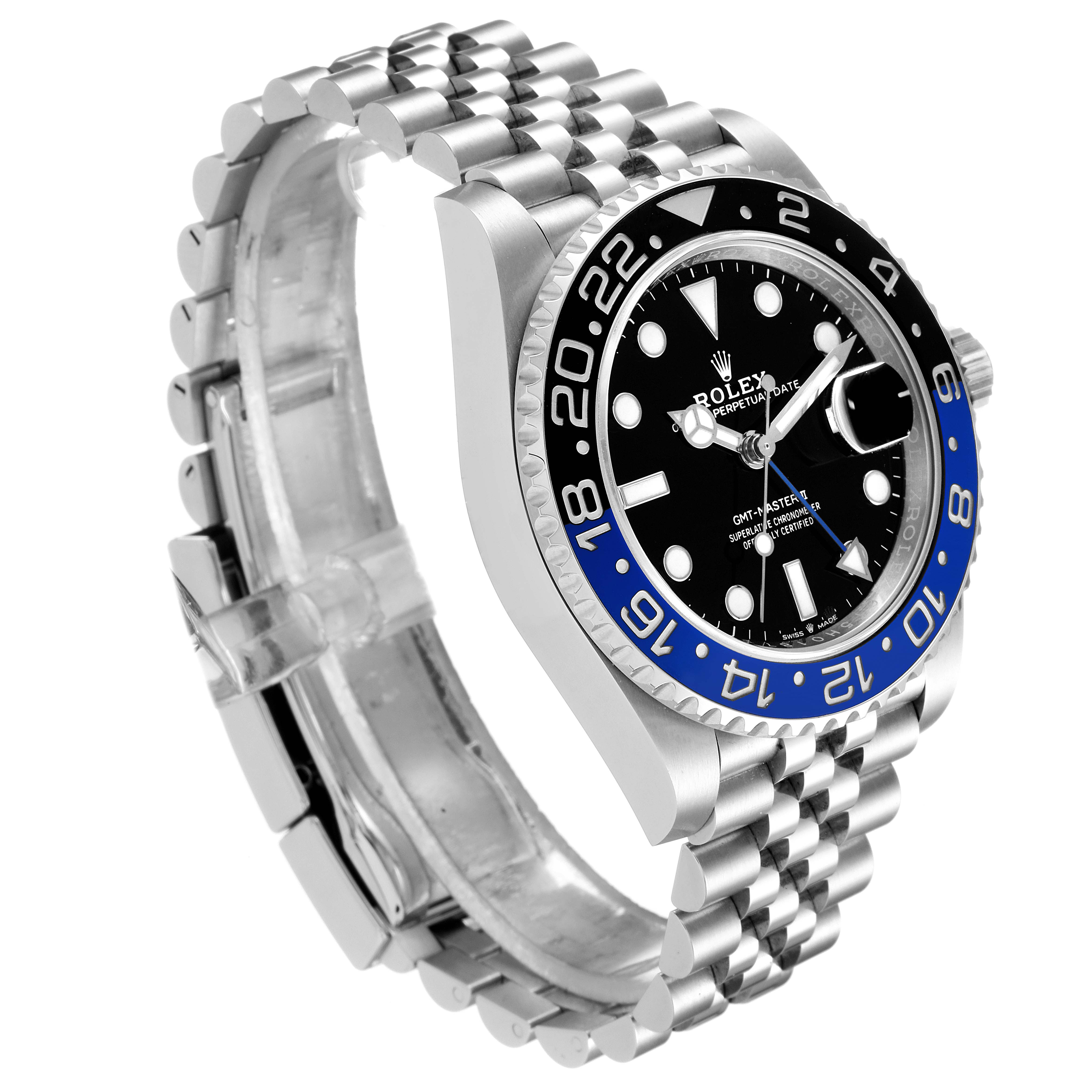 The Rolex GMT-Master 126710 Men
s Stainless Steel Black Dial 126710 Men
s Stainless Steel Black Dial watch is shown at an angle displaying its face, bezel, and partial bracelet.