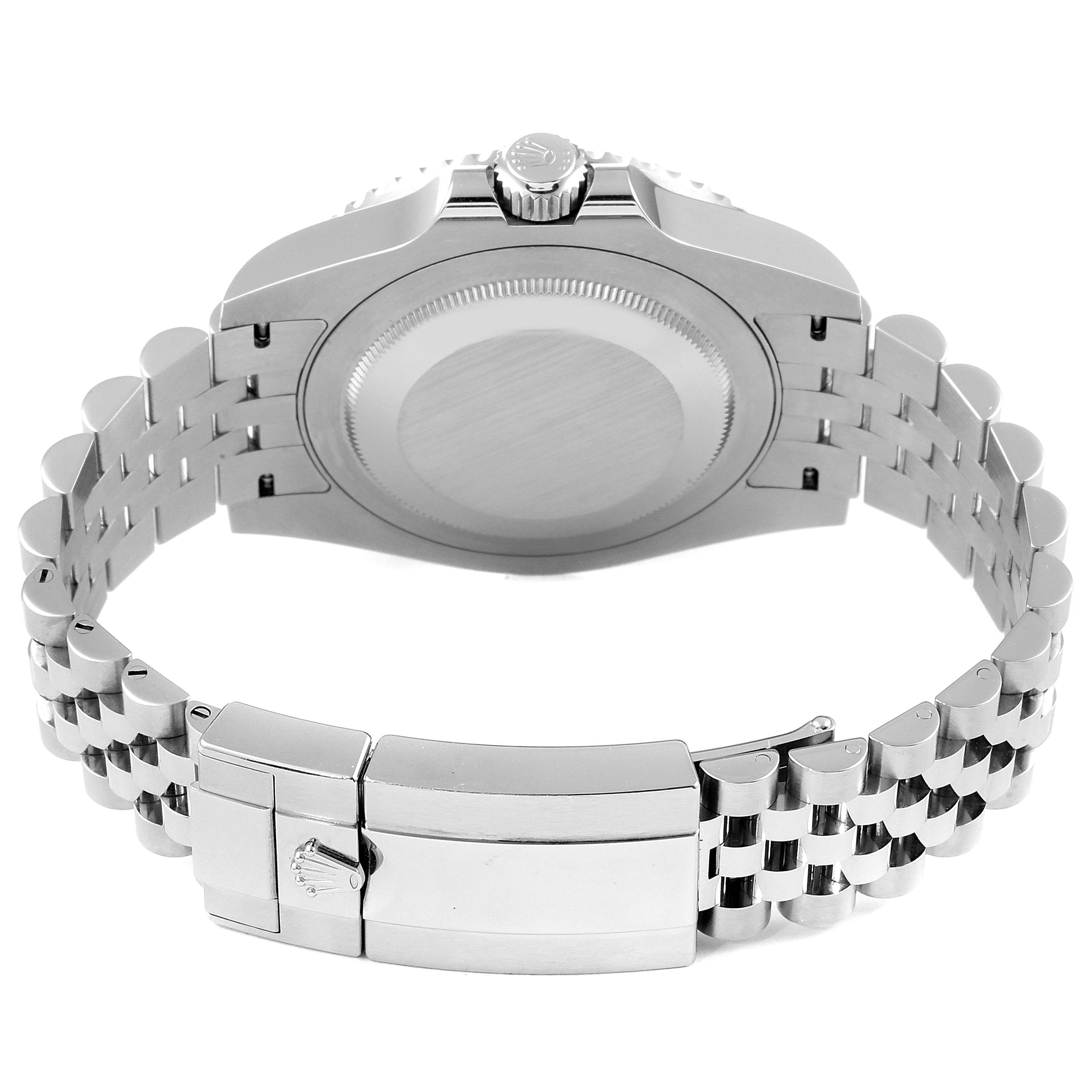 This image shows the back view of the Rolex GMT-Master 126710 Men
s Stainless Steel Black Dial 126710 Men
s Stainless Steel Black Dial watch, focusing on the case back and metal bracelet.