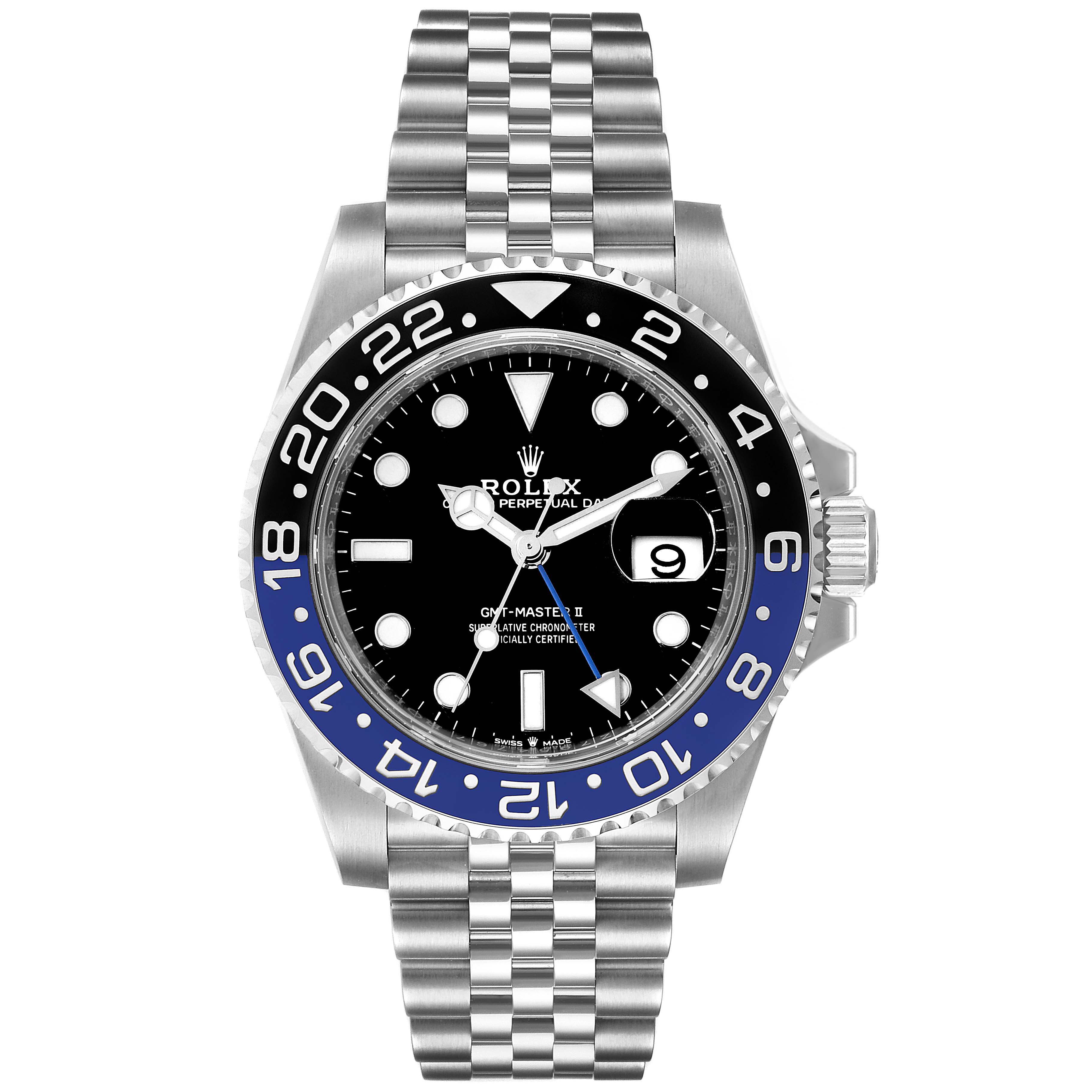 The image shows a front view of a Rolex GMT-Master 126710 Men
s Stainless Steel Black Dial 126710 Men
s Stainless Steel Black Dial watch with a black and blue bezel and Jubilee bracelet.