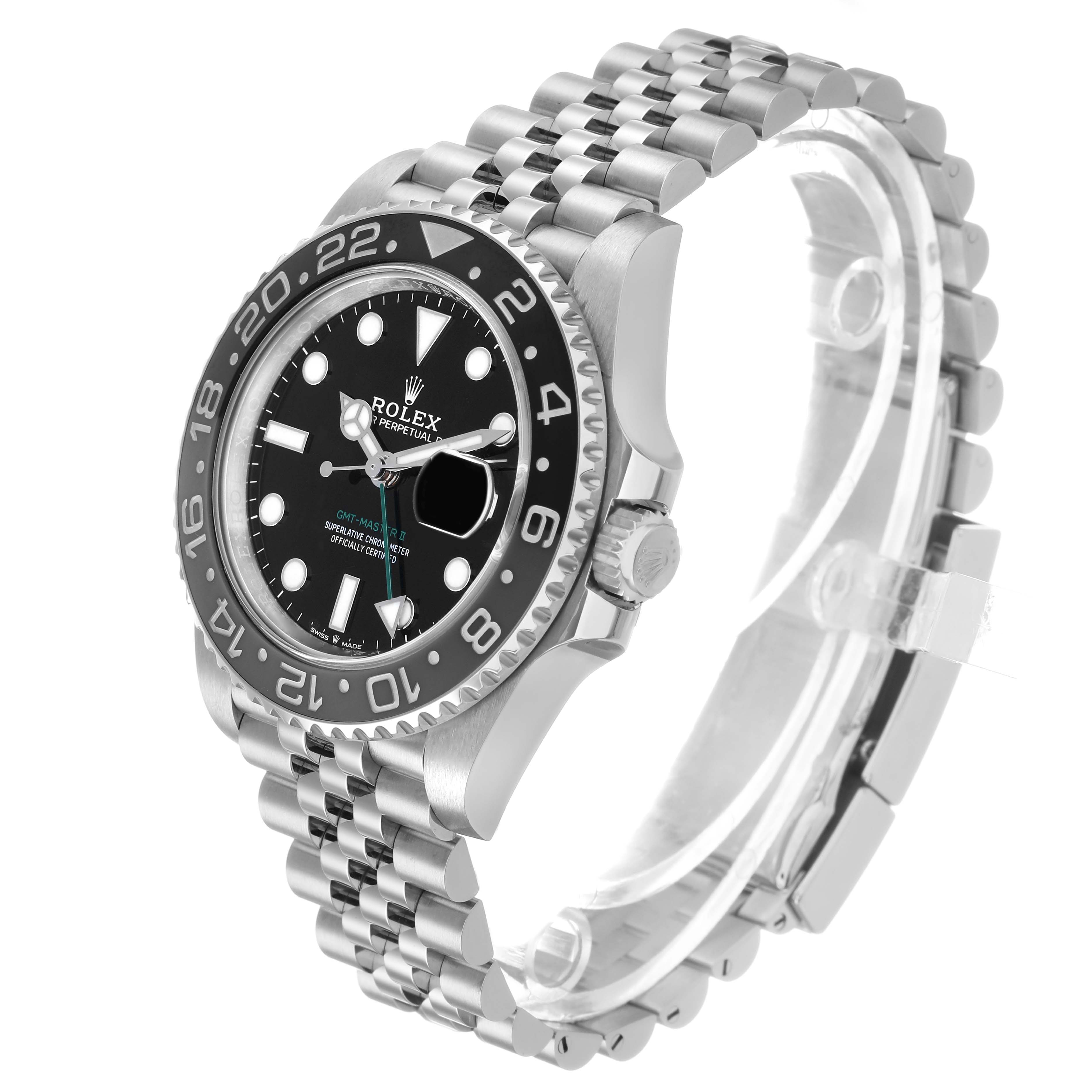 The Rolex GMT-Master 126710 Men's Stainless Steel Black Dial watch is shown at a 3/4 angle, displaying the bezel, dial, and bracelet.