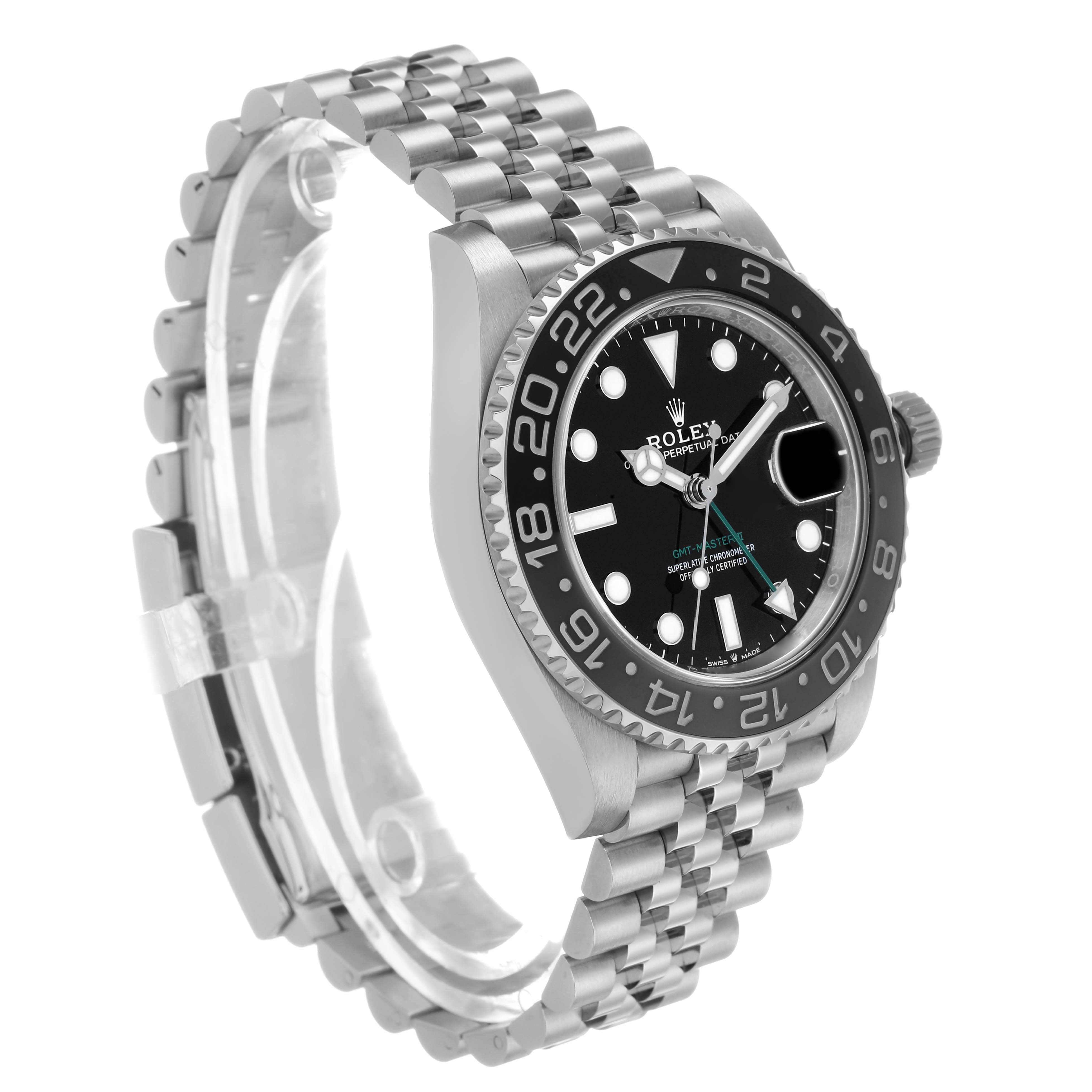The Rolex GMT-Master 126710 Men's Stainless Steel Black Dial watch is shown at an angle highlighting the face, bezel, and bracelet.