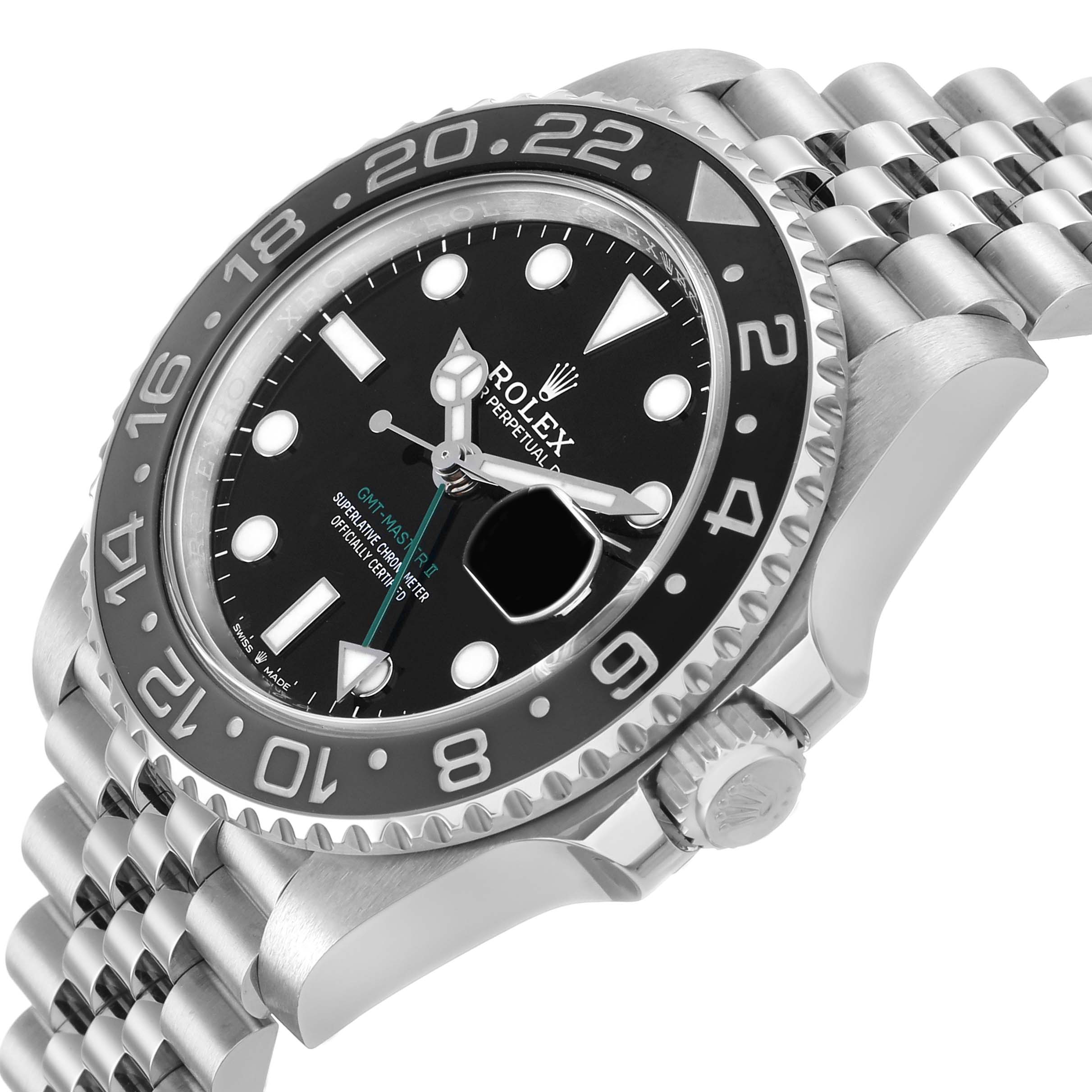 The Rolex GMT-Master 126710 Men's Stainless Steel Black Dial watch is shown from an angled side view, displaying the bezel, dial, crown, and bracelet.