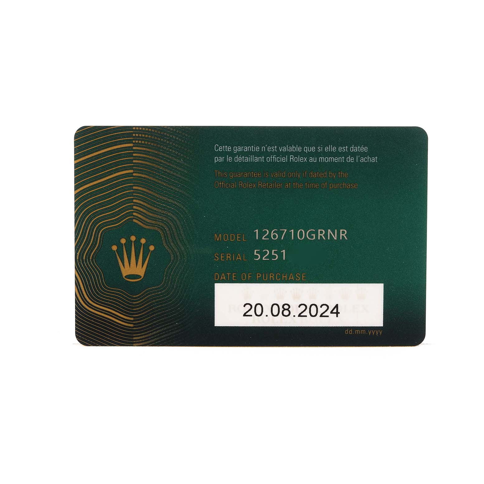 The image shows a warranty card for the Rolex GMT-Master 126710 Men's Stainless Steel Black Dial model 126710GRNR.