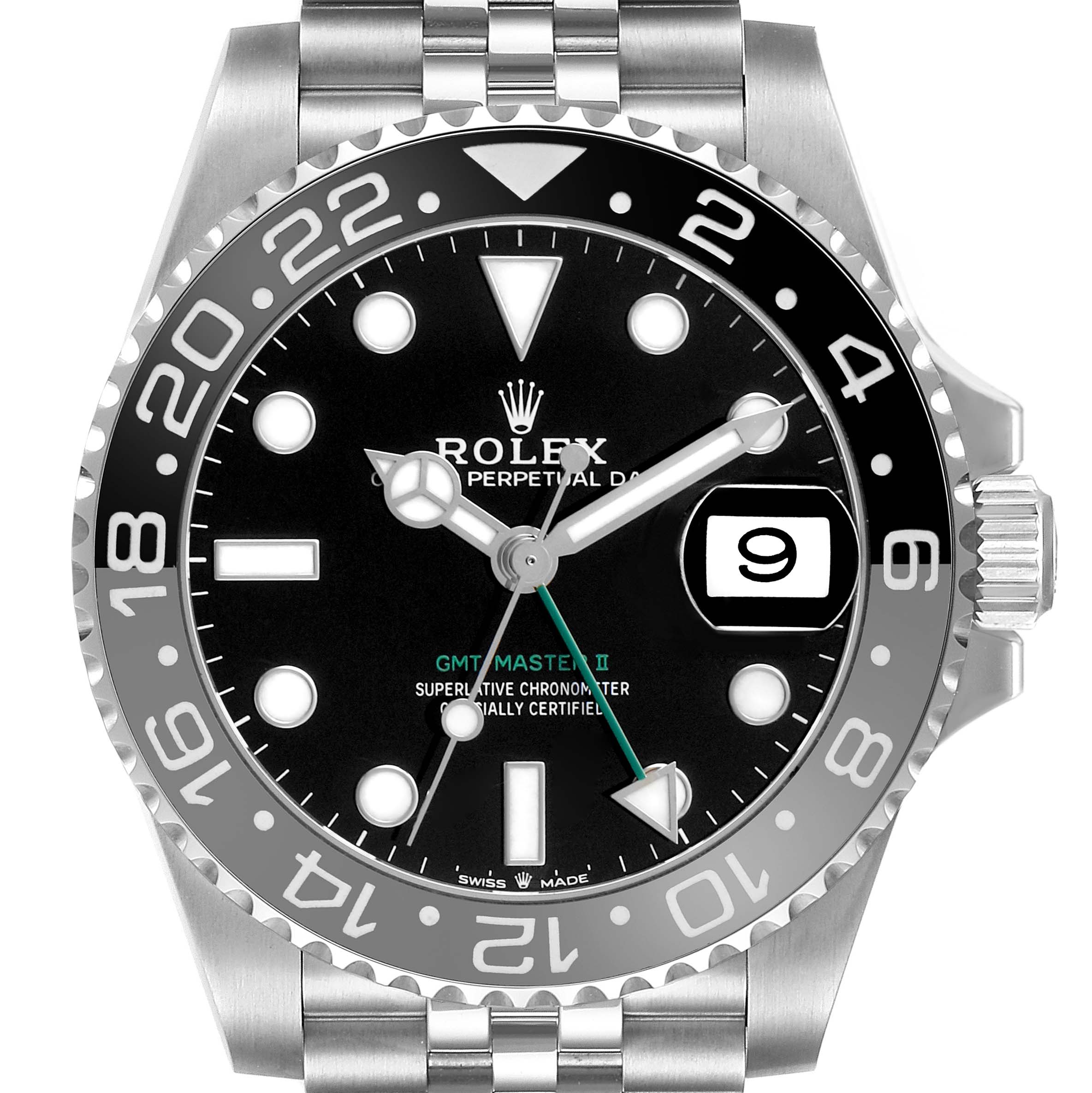 The Rolex GMT-Master 126710 Men's Stainless Steel Black Dial watch is shown from a front angle, displaying its dial, bezel, and bracelet.