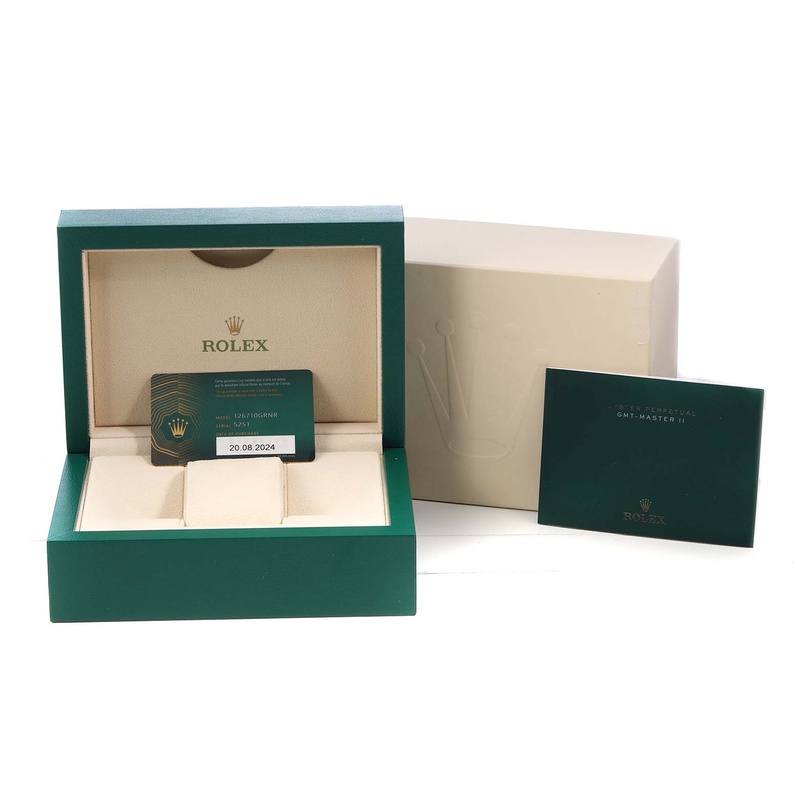 The image shows the packaging and warranty card for a Rolex GMT-Master 126710 Men's Stainless Steel Black Dial, without the watch.