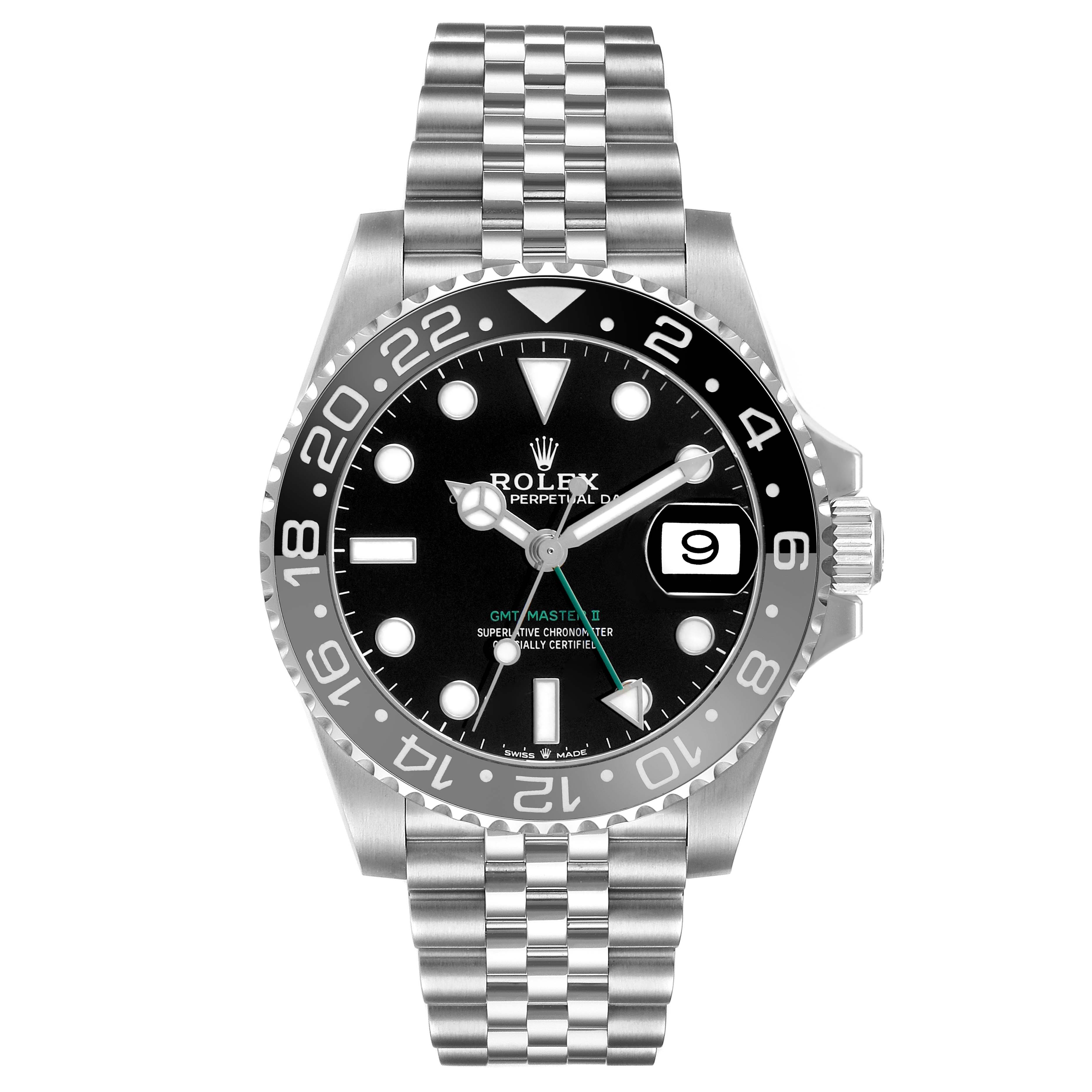 The Rolex GMT-Master 126710 Men's Stainless Steel Black Dial watch is shown from a front angle, displaying its face, bezel, and bracelet clearly.