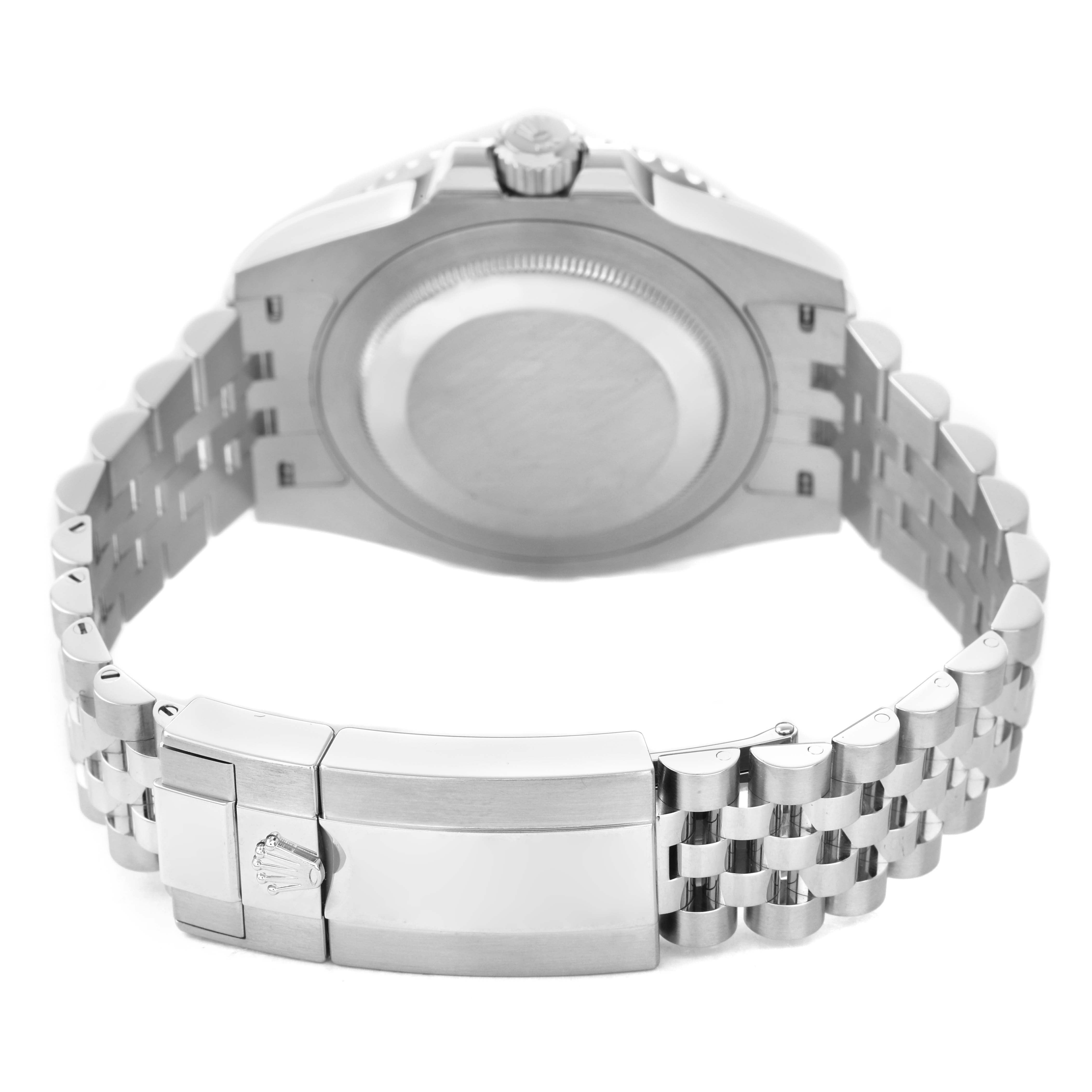 The image shows the back case and clasp of the Rolex GMT-Master 126710 Men's Stainless Steel Black Dial watch from a rear angle.