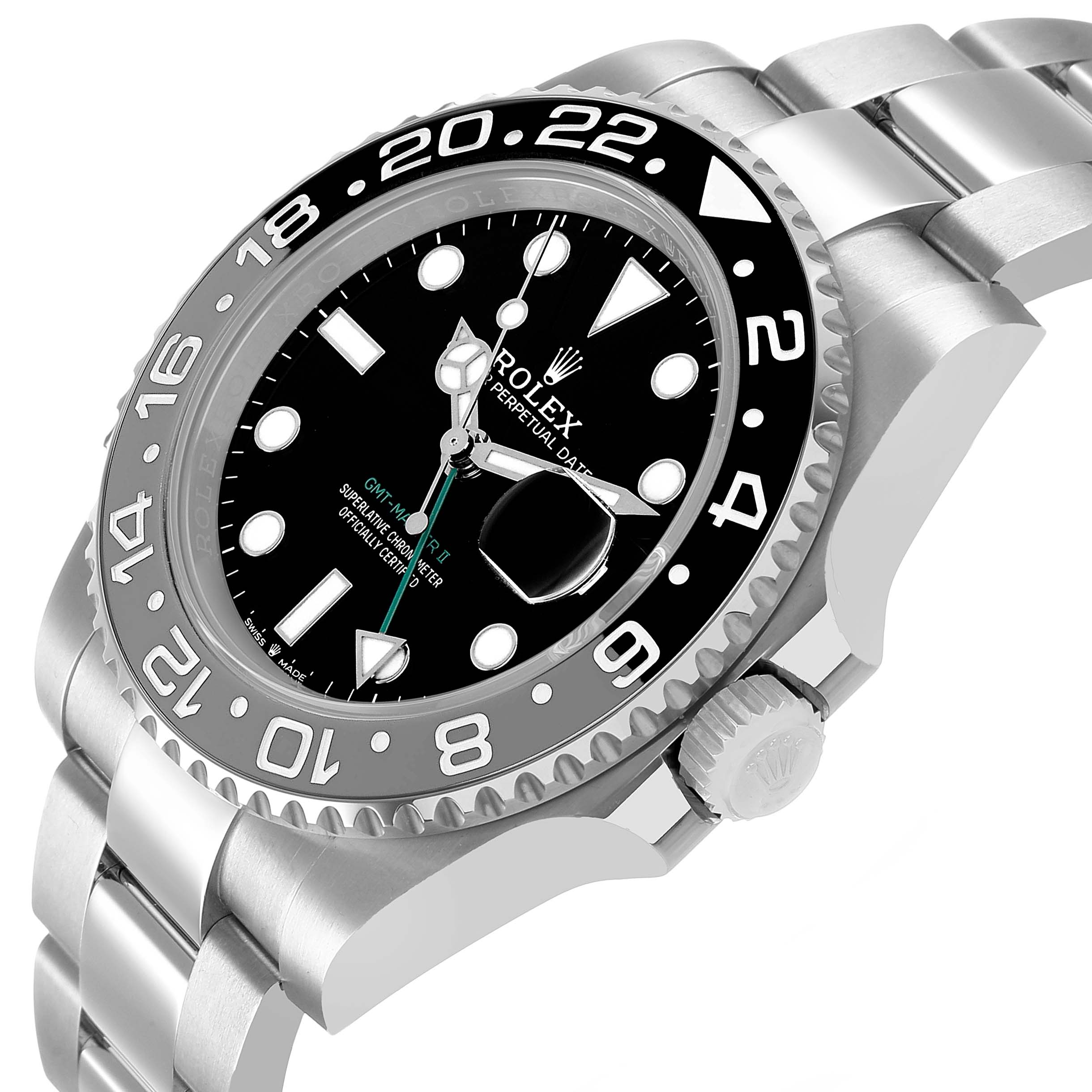 The image shows the Rolex GMT-Master 126710 Men's Stainless Steel Black Dial from a three-quarter angle, highlighting the bezel, dial, crown, and part of the bracelet.