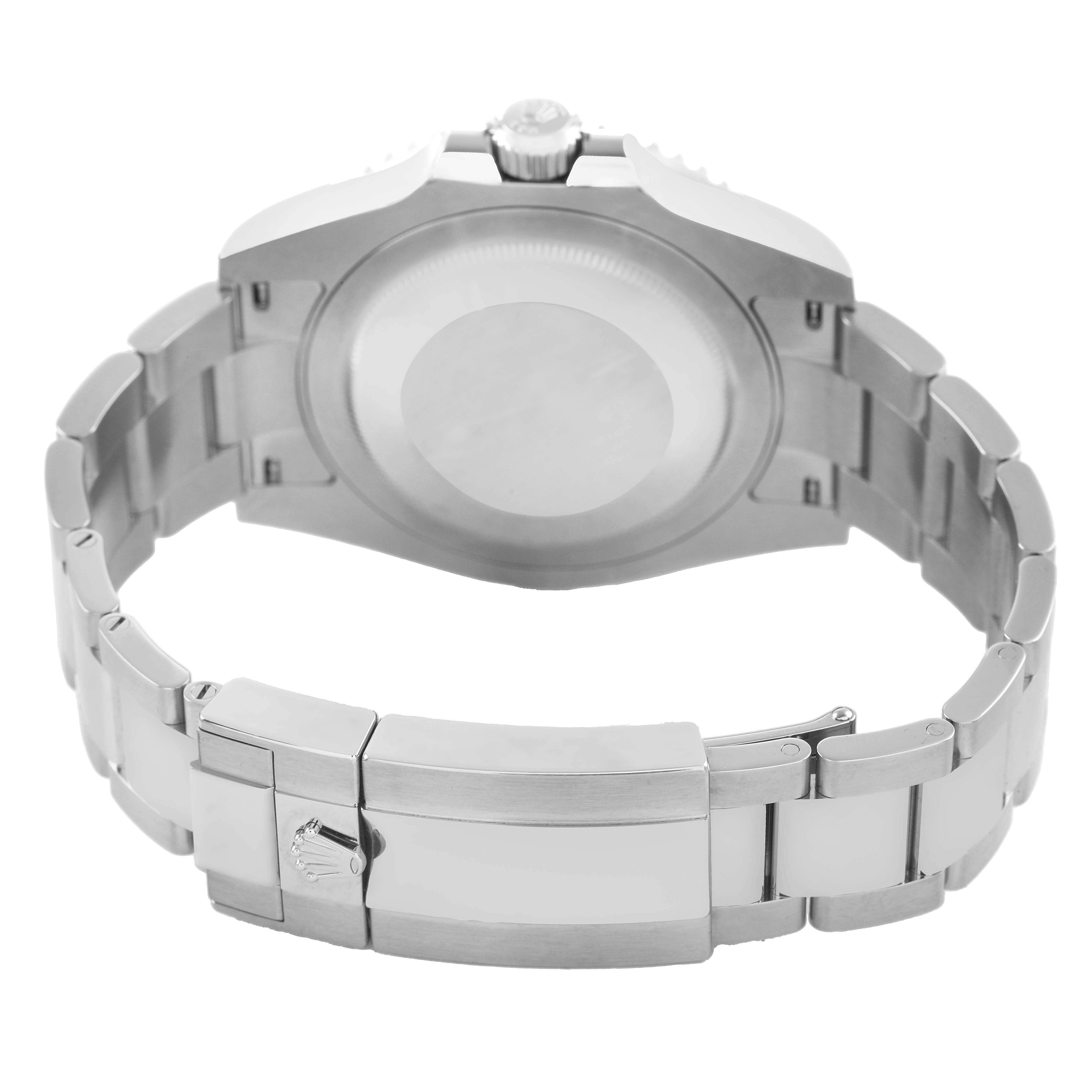 The image shows the back view of a Rolex GMT-Master 126710 Men's Stainless Steel Black Dial watch, highlighting the clasp and bracelet.