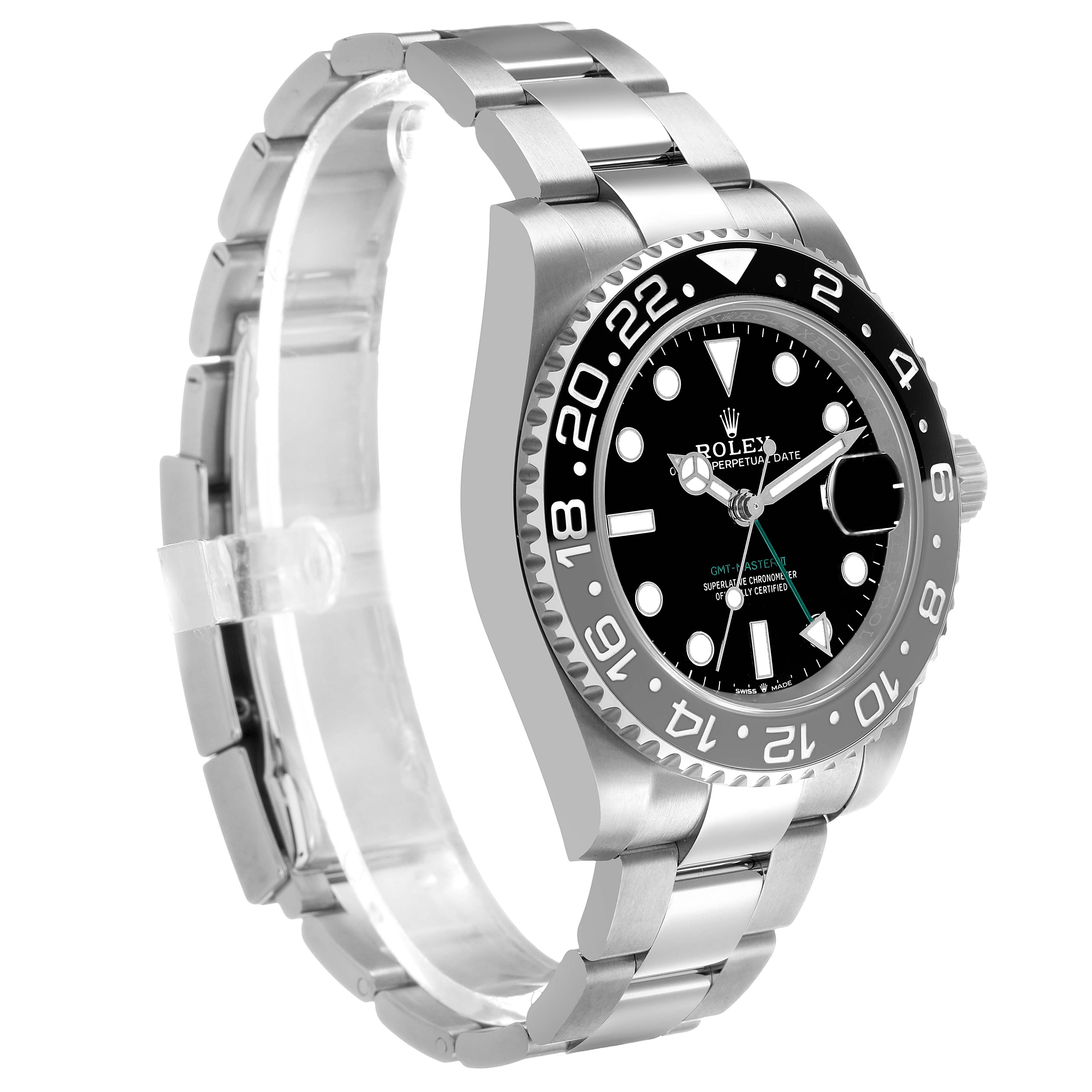 The Rolex GMT-Master 126710 Men's Stainless Steel Black Dial watch is shown at a three-quarter angle, highlighting the bezel, dial, and bracelet.