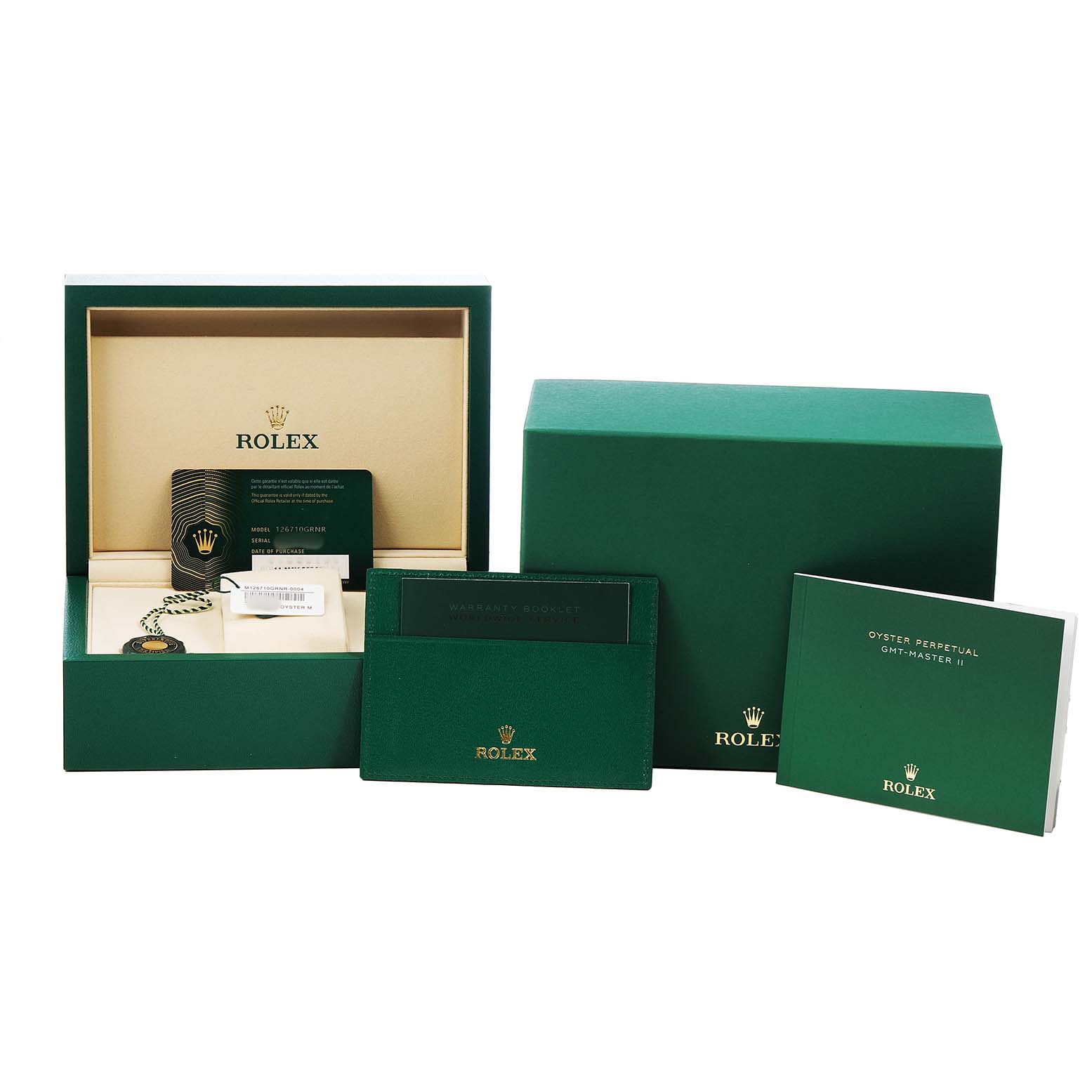 The image shows Rolex GMT-Master 126710 Men's Stainless Steel Black Dial model accessories including boxes, cards, a booklet, and a tag, all seen from the front.