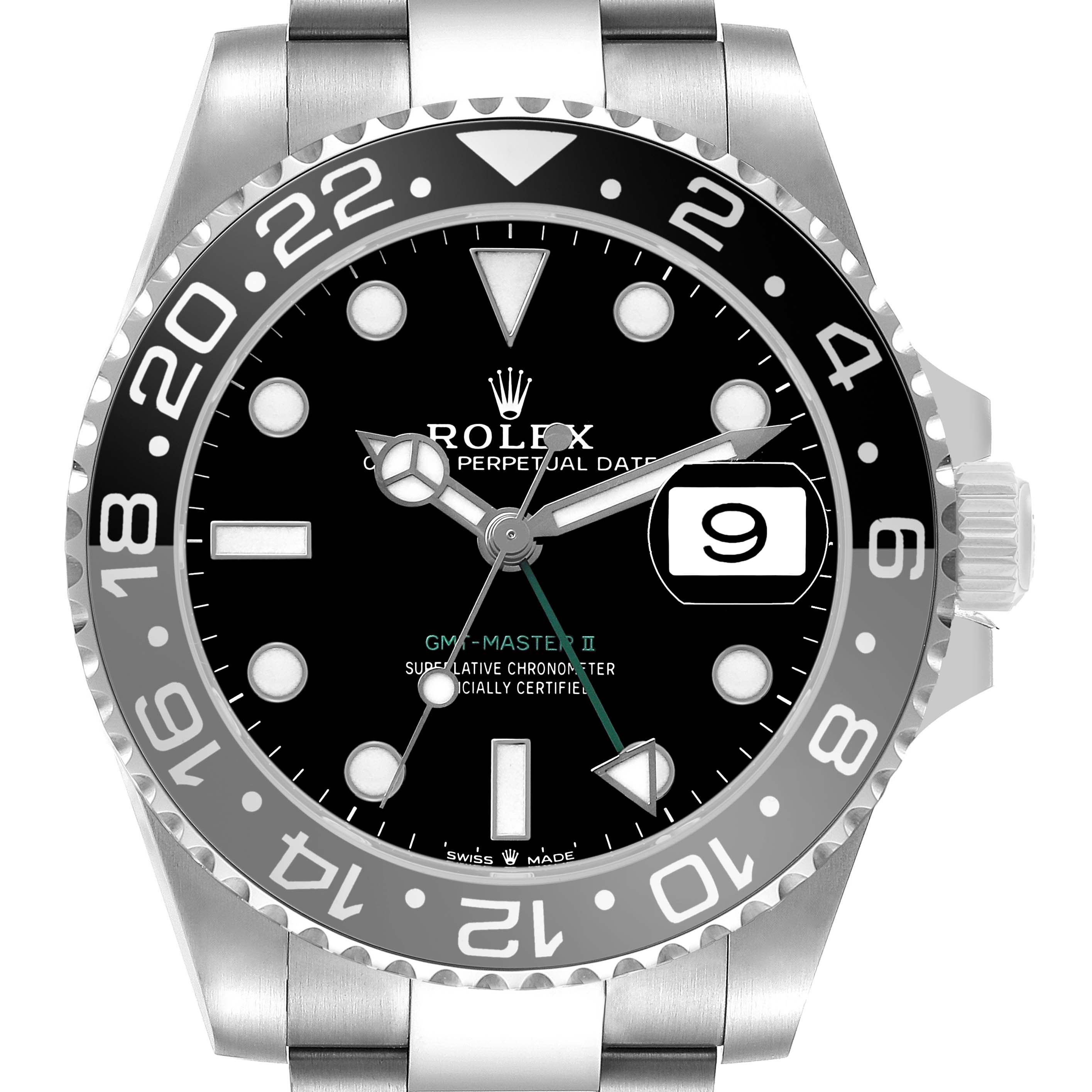 The Rolex GMT-Master 126710 Men's Stainless Steel Black Dial II watch is shown from a front angle, highlighting its dial, bezel, and part of the bracelet.
