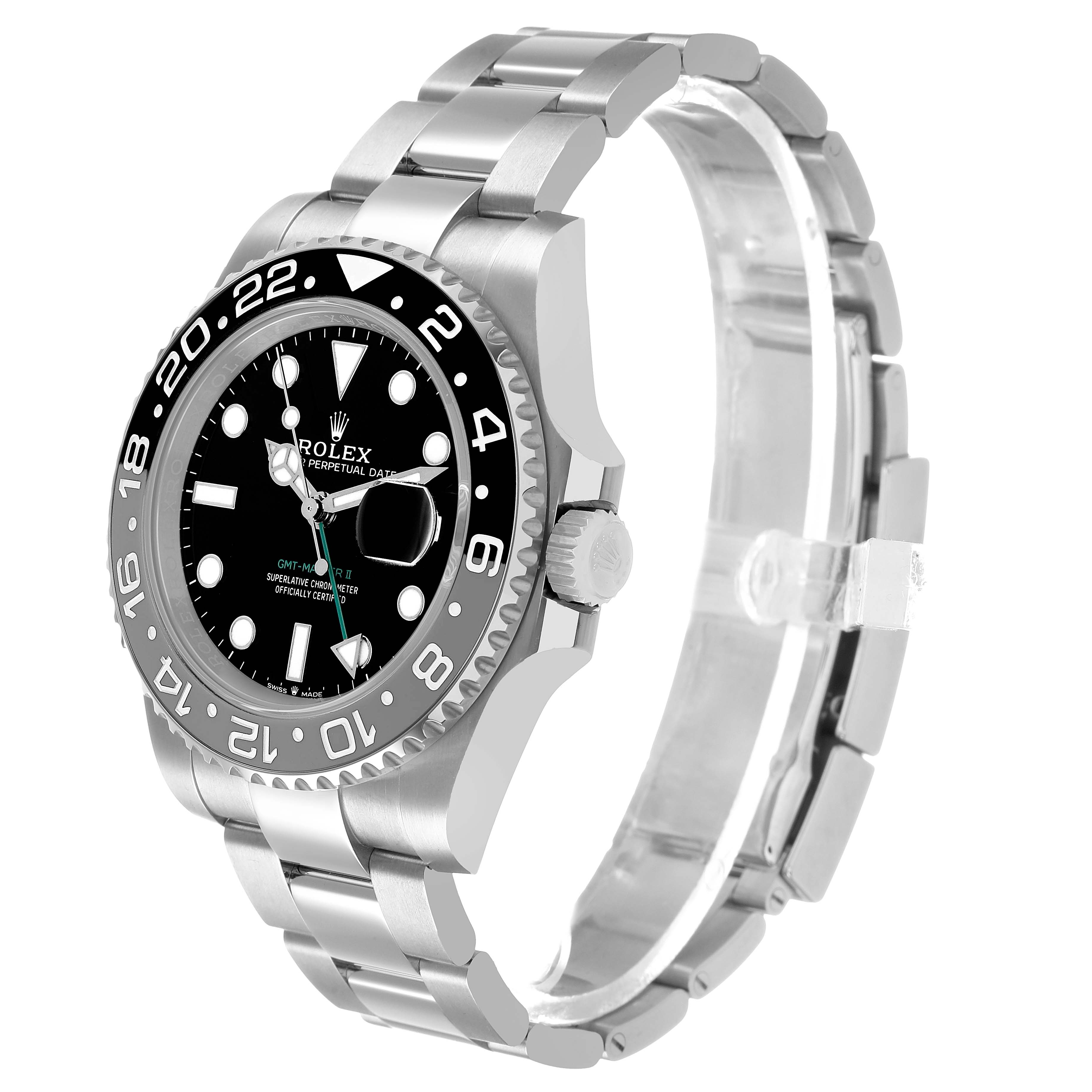 The Rolex GMT-Master 126710 Men's Stainless Steel Black Dial watch is shown at a 3/4 angle, highlighting the bezel, dial, bracelet, and crown.