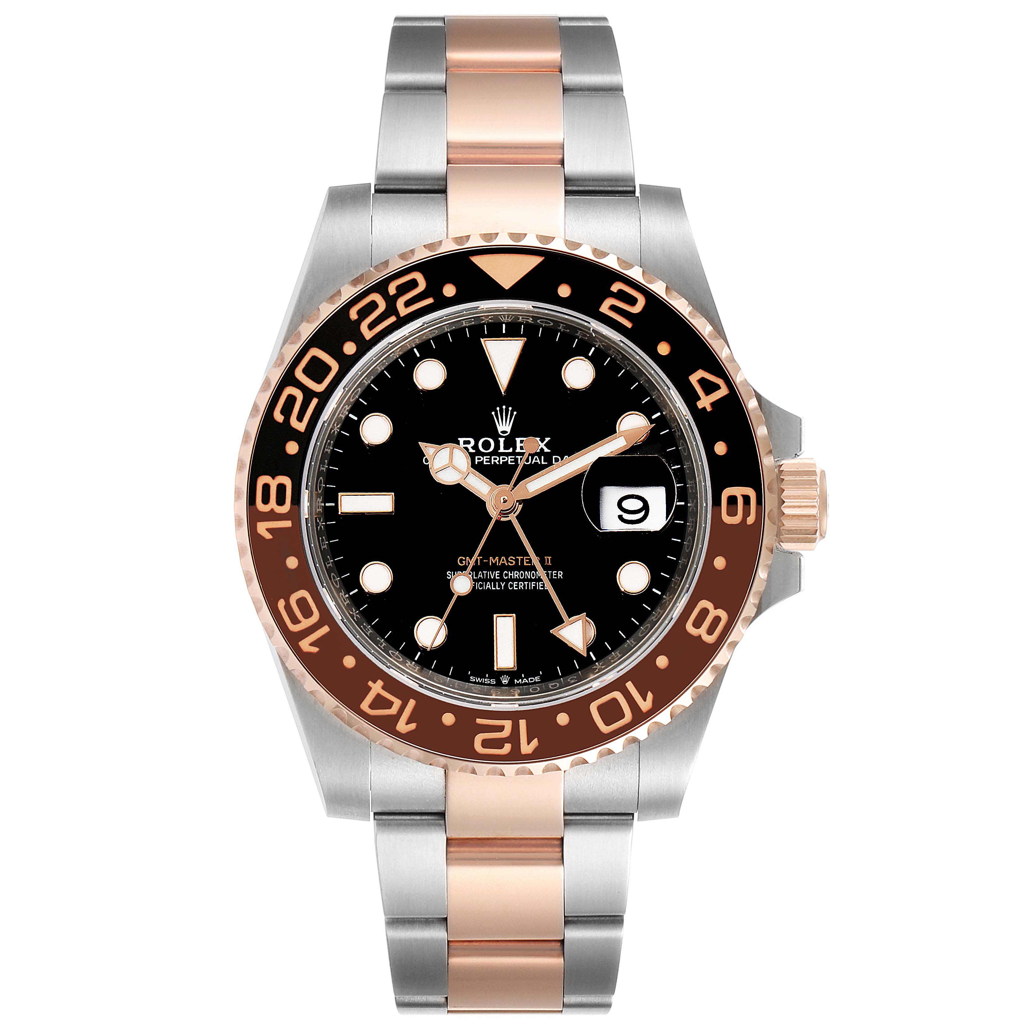 The Rolex GMT-Master 126711 Men's Steel and Gold (two tone) Black Dial 126711 Men's Steel and Gold (two tone) Black Dial watch is shown from the front, highlighting its dial, bezel, and bi-color bracelet.