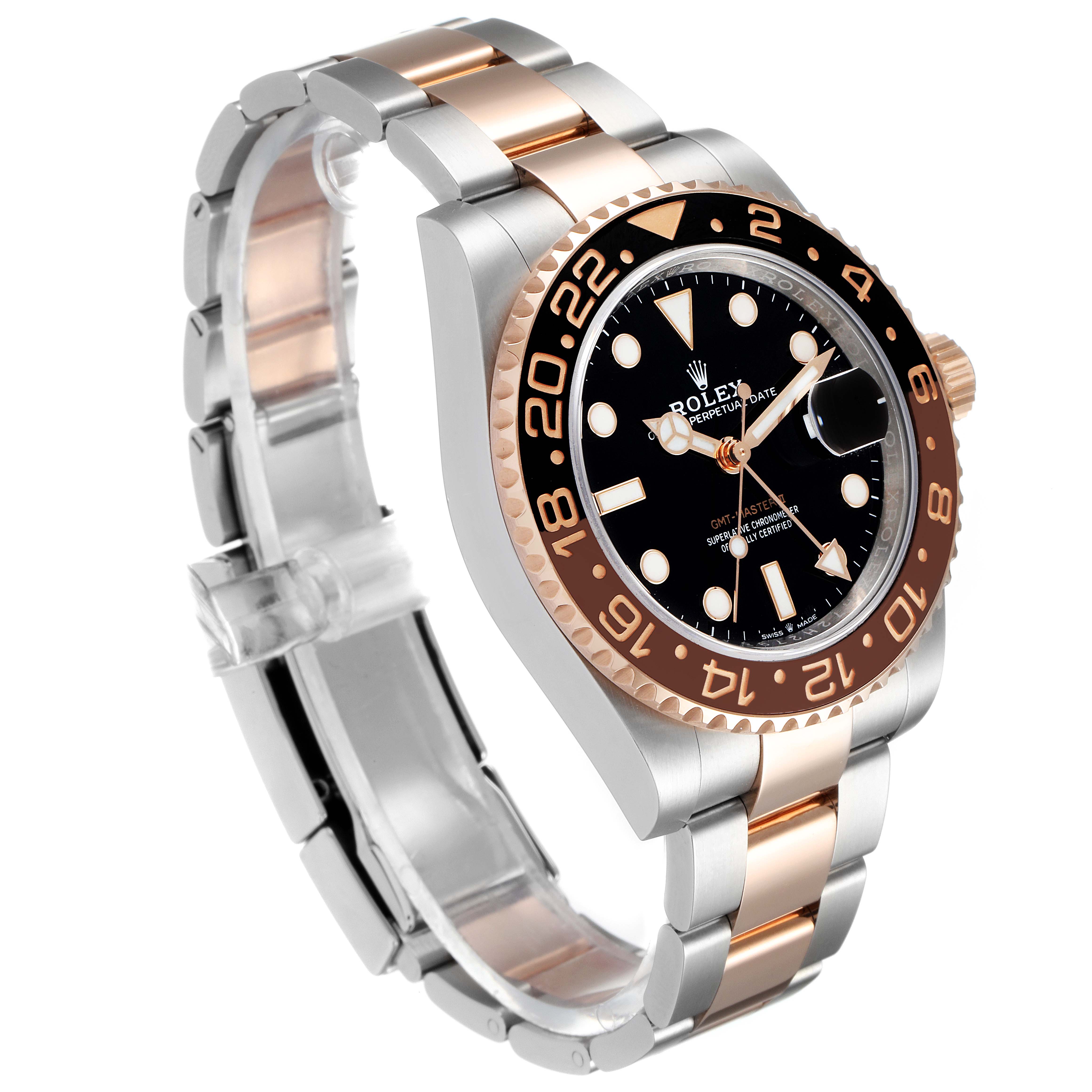 The image shows a Rolex GMT-Master 126711 Men's Steel and Gold (two tone) Black Dial 126711 Men's Steel and Gold (two tone) Black Dial watch from an angled side view, highlighting its bezel, dial, and bracelet.
