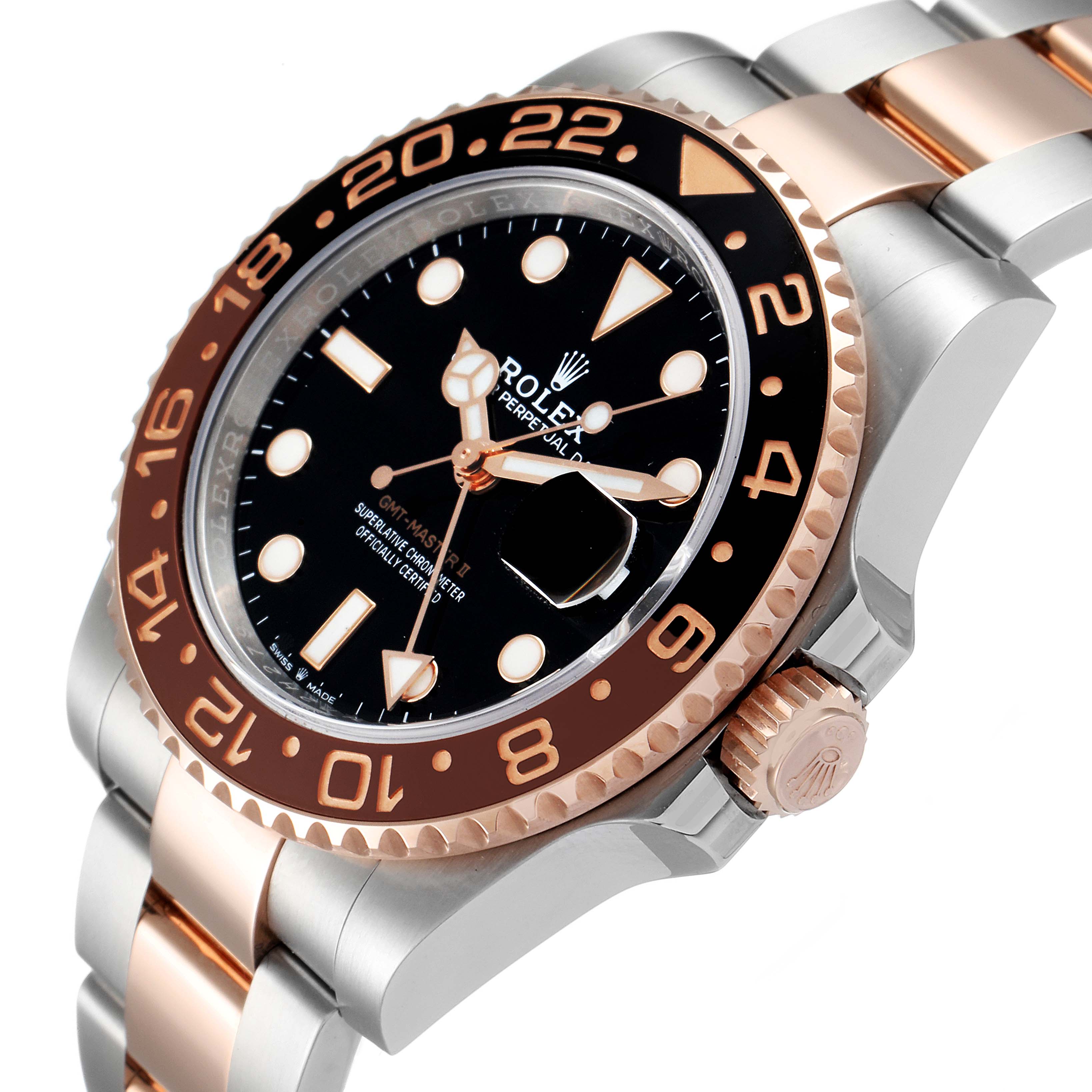 The image shows a Rolex GMT-Master 126711 Men's Steel and Gold (two tone) Black Dial 126711 Men's Steel and Gold (two tone) Black Dial watch from a slightly angled side view, displaying the bezel, crown, dial, and bracelet.