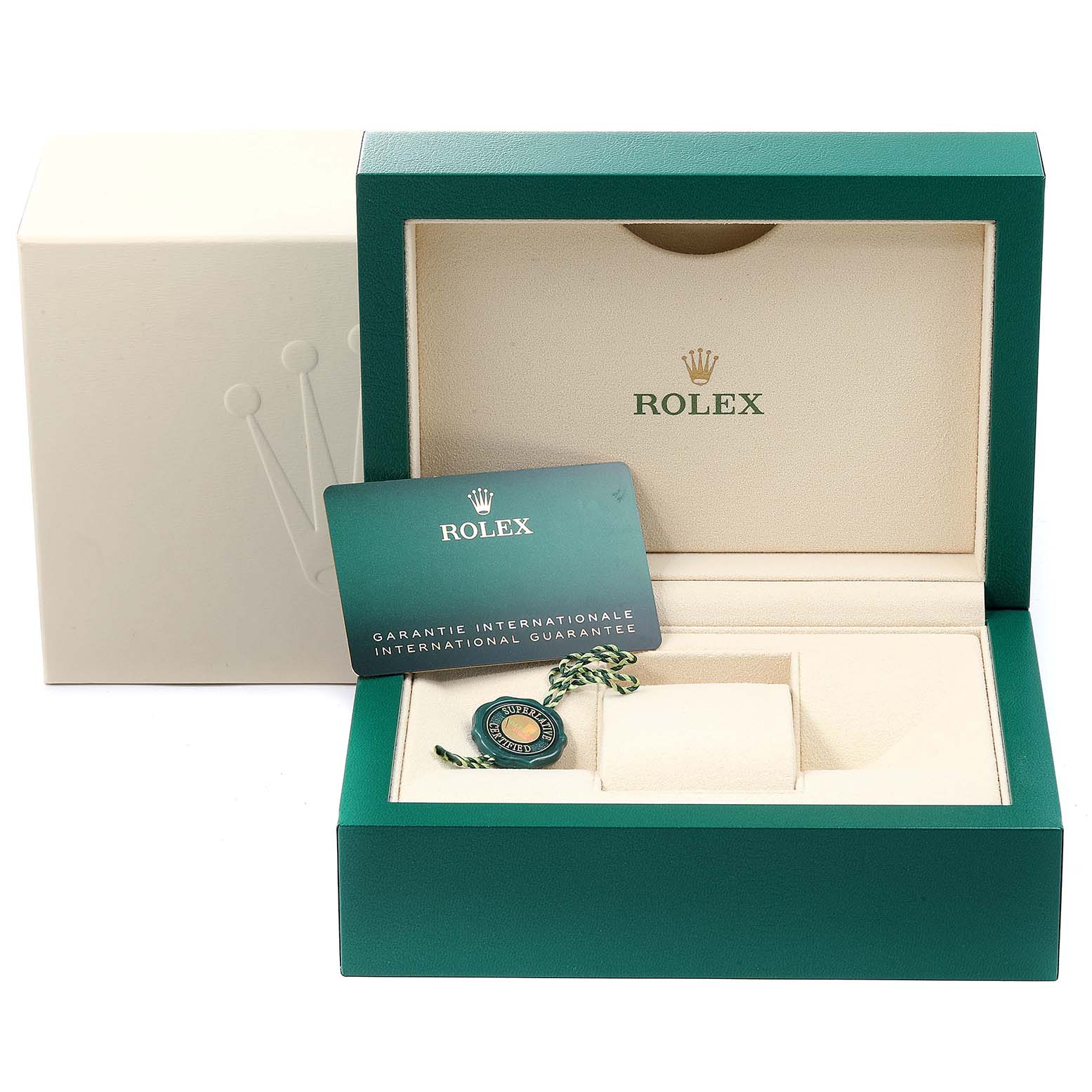 The image shows the packaging and accessories for a Rolex GMT-Master 126711 Men's Steel and Gold (two tone) Black Dial 126711 Men's Steel and Gold (two tone) Black Dial, including the box, guarantee card, and hang tag.