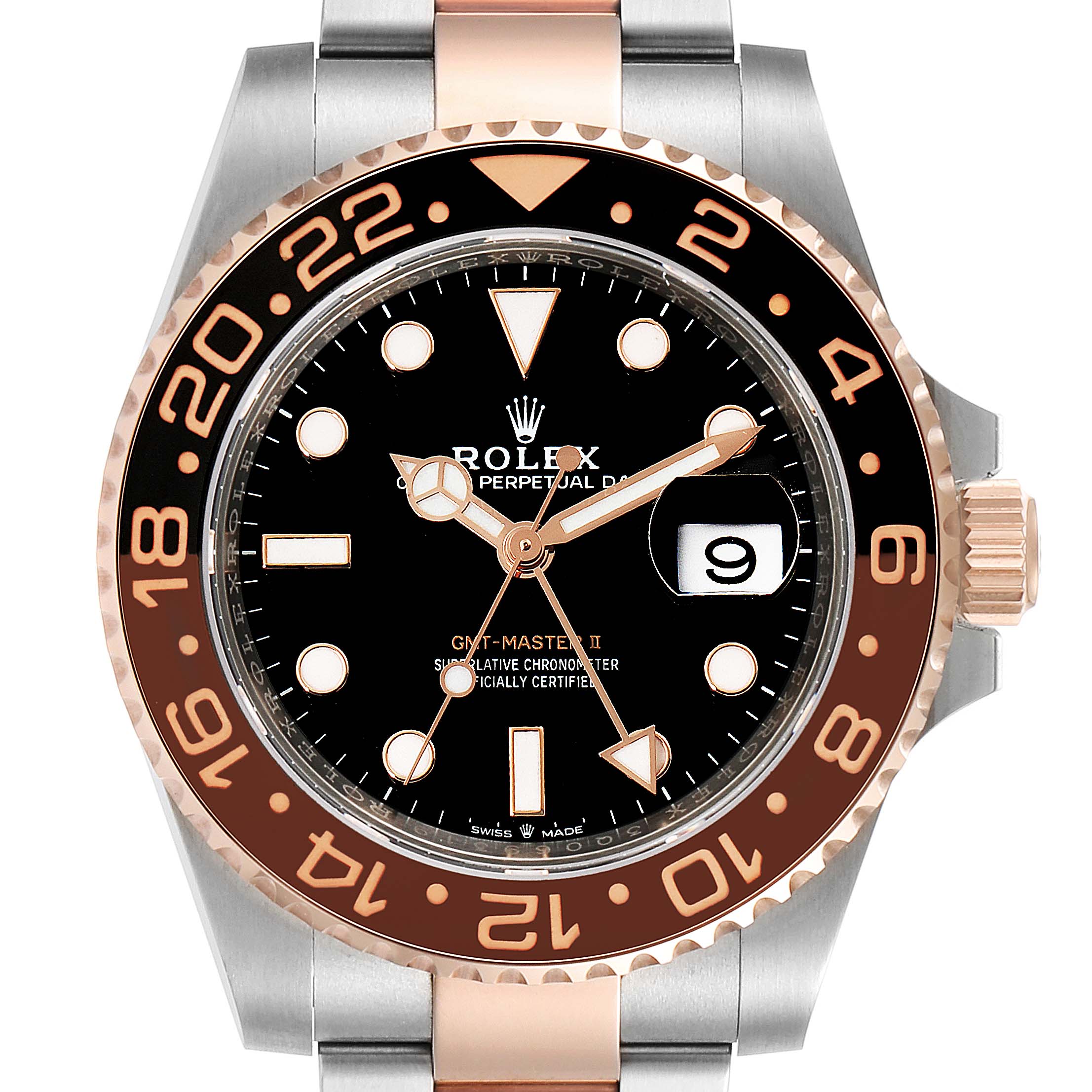 The image shows a front view of the Rolex GMT-Master 126711 Men's Steel and Gold (two tone) Black Dial 126711 Men's Steel and Gold (two tone) Black Dial II watch, highlighting its bezel, dial, hands, and date indicator.